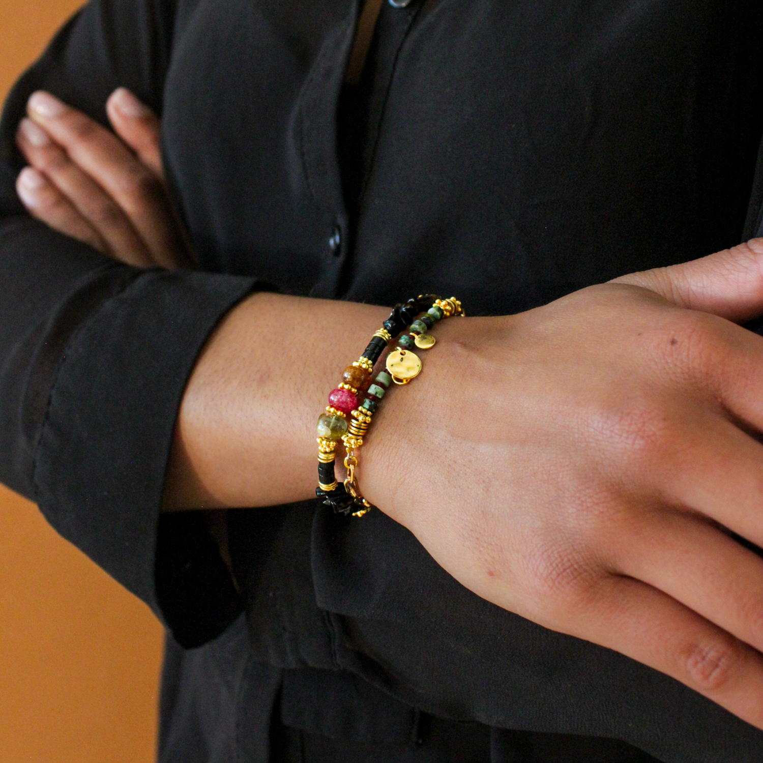 Heishi bracelet with medallions and chain - Charlotte L'ATELIER DES DAMES Golden