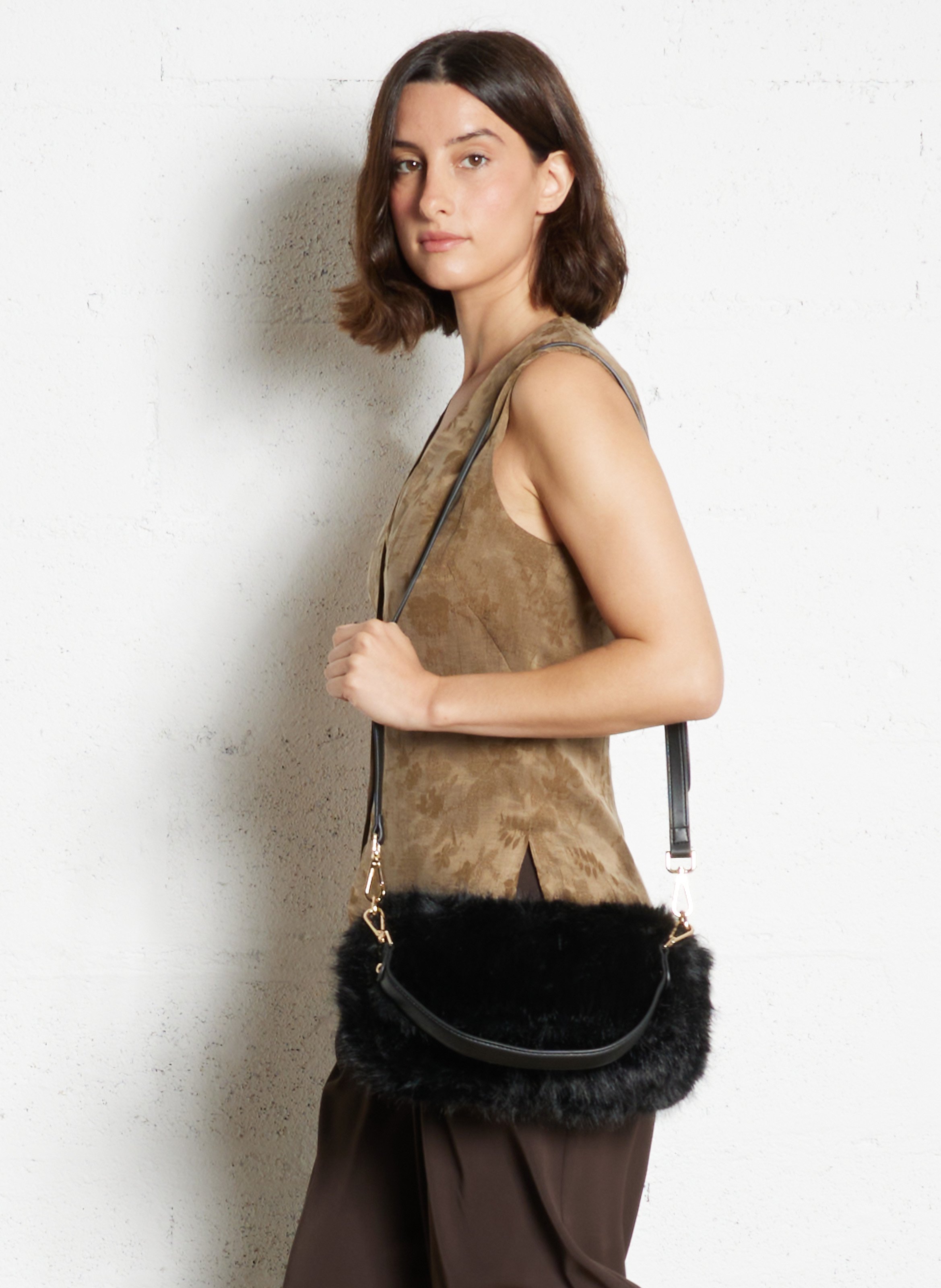 Fur effect baguette bag AU PRINTEMPS PARIS Black