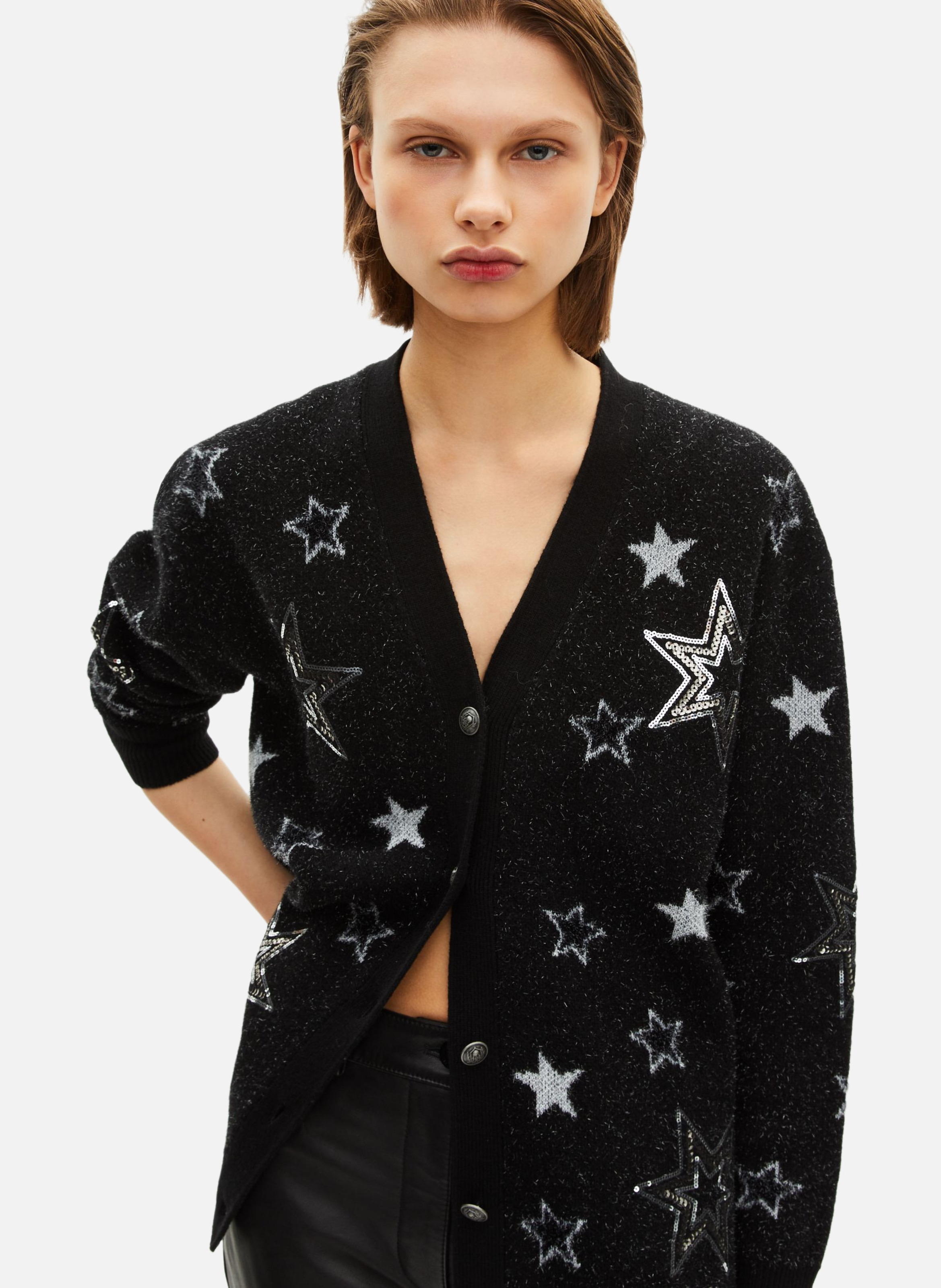 Cardigan with star sequin and lurex motif THE KOOPLES Black