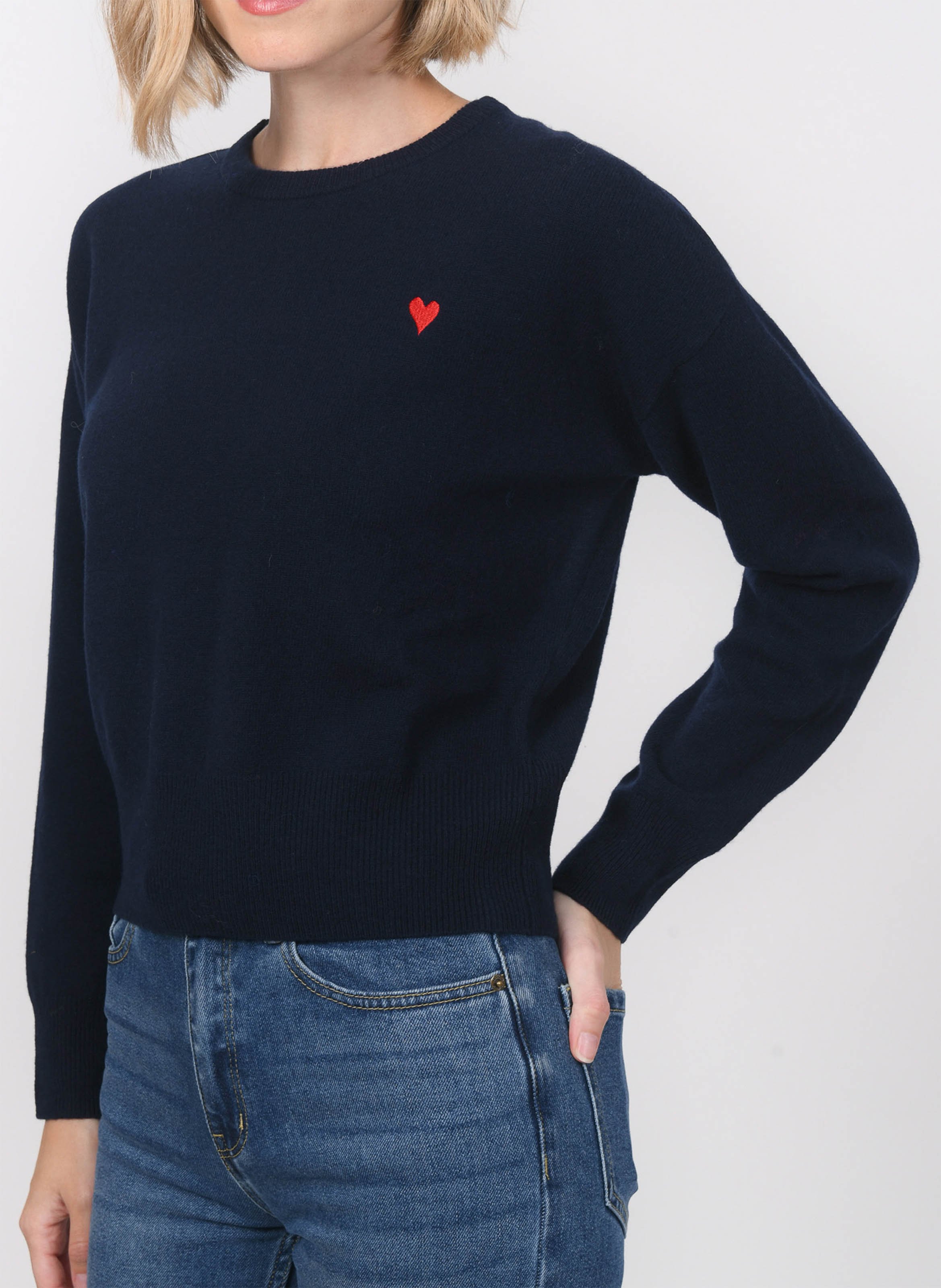 Pull ample col rond brodé en laine et cachemire KOOKAI Bleu