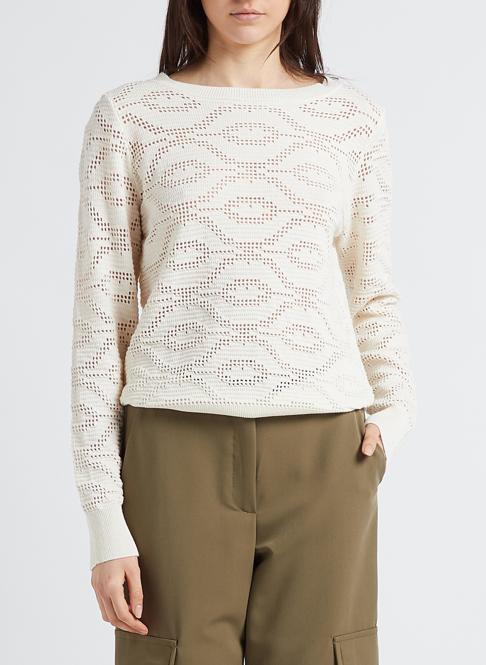 Pull col rond ajouré en coton mélangé LA PETITE FRANCAISE Blanc