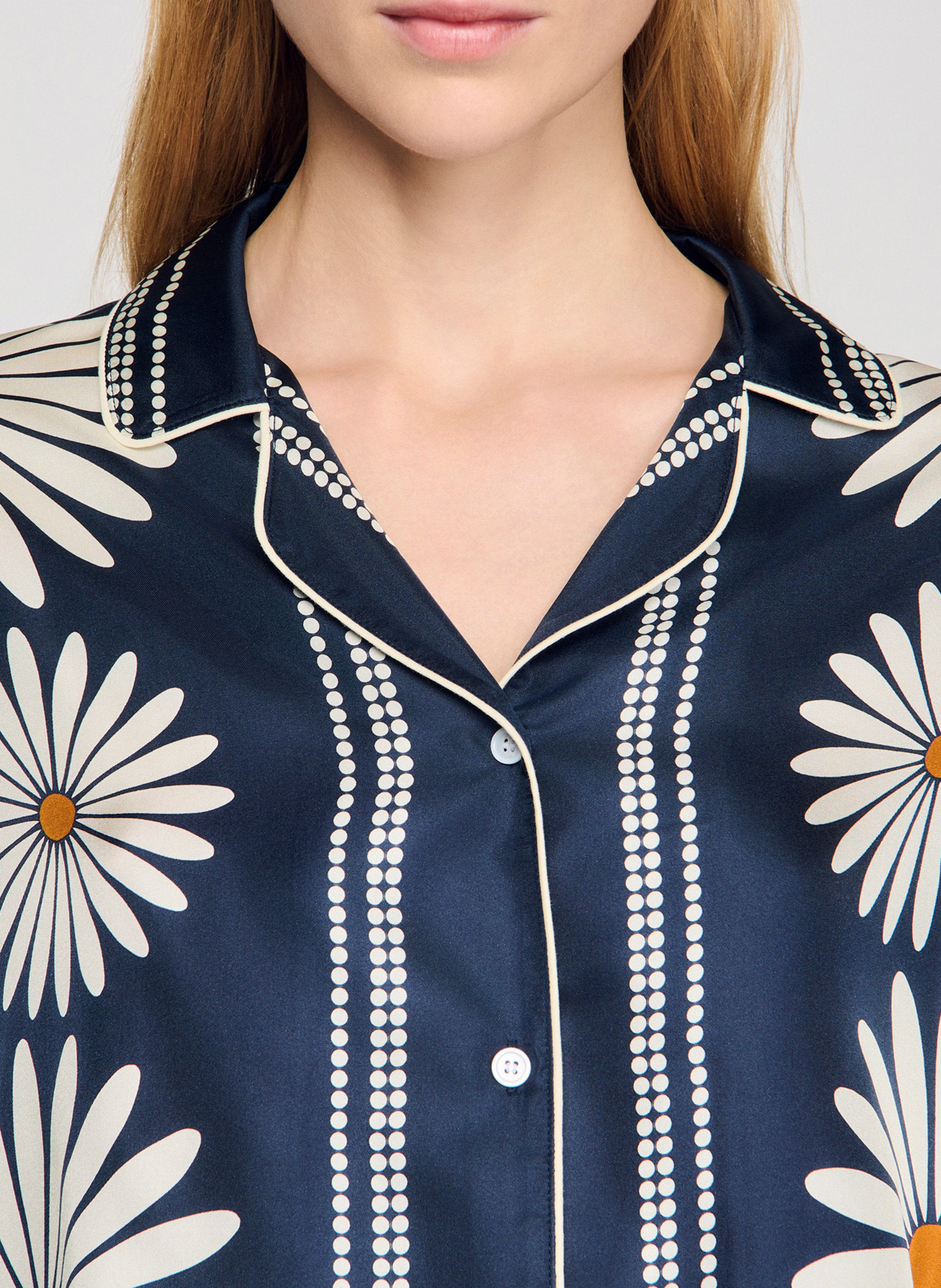 Oversized silk shirt with tailored collar in printed silk SANDRO Blue