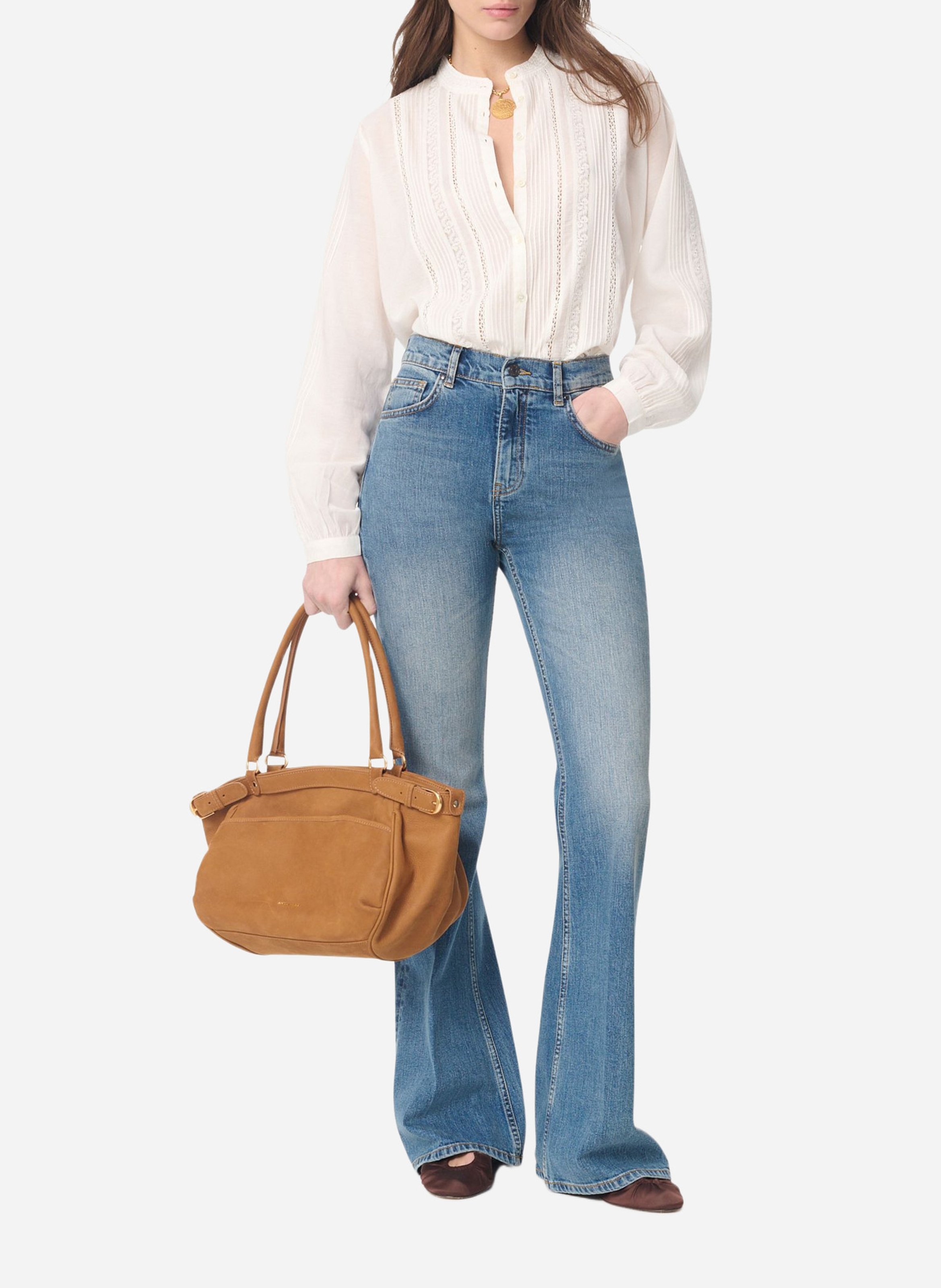 Blouse droite fluide col rond brodée VANESSA BRUNO Blanc