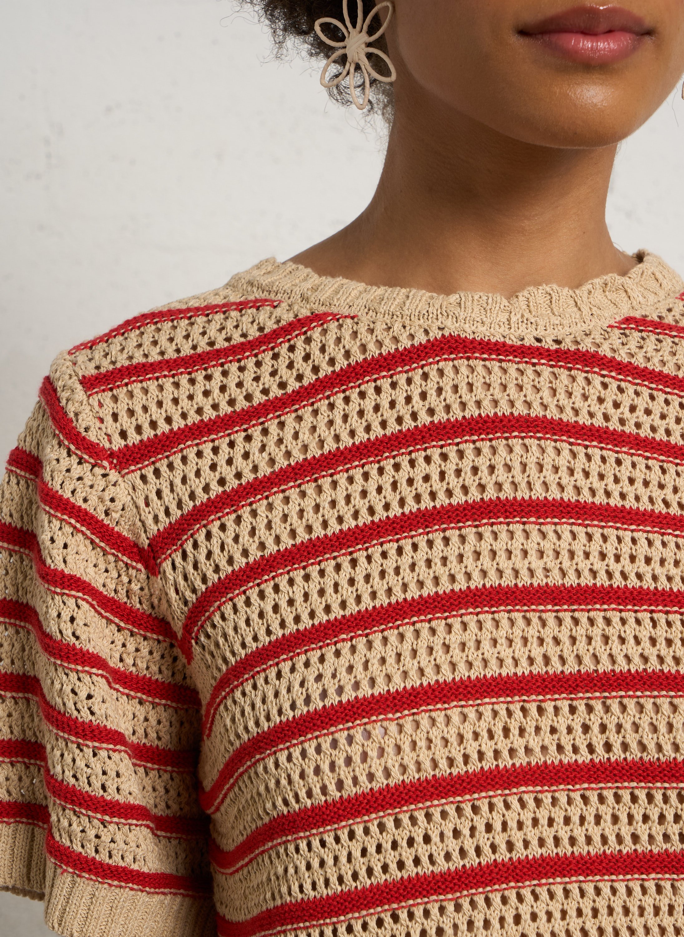 Kurzarm-Pullover mit gestreiftem Strick PLEASE Beige