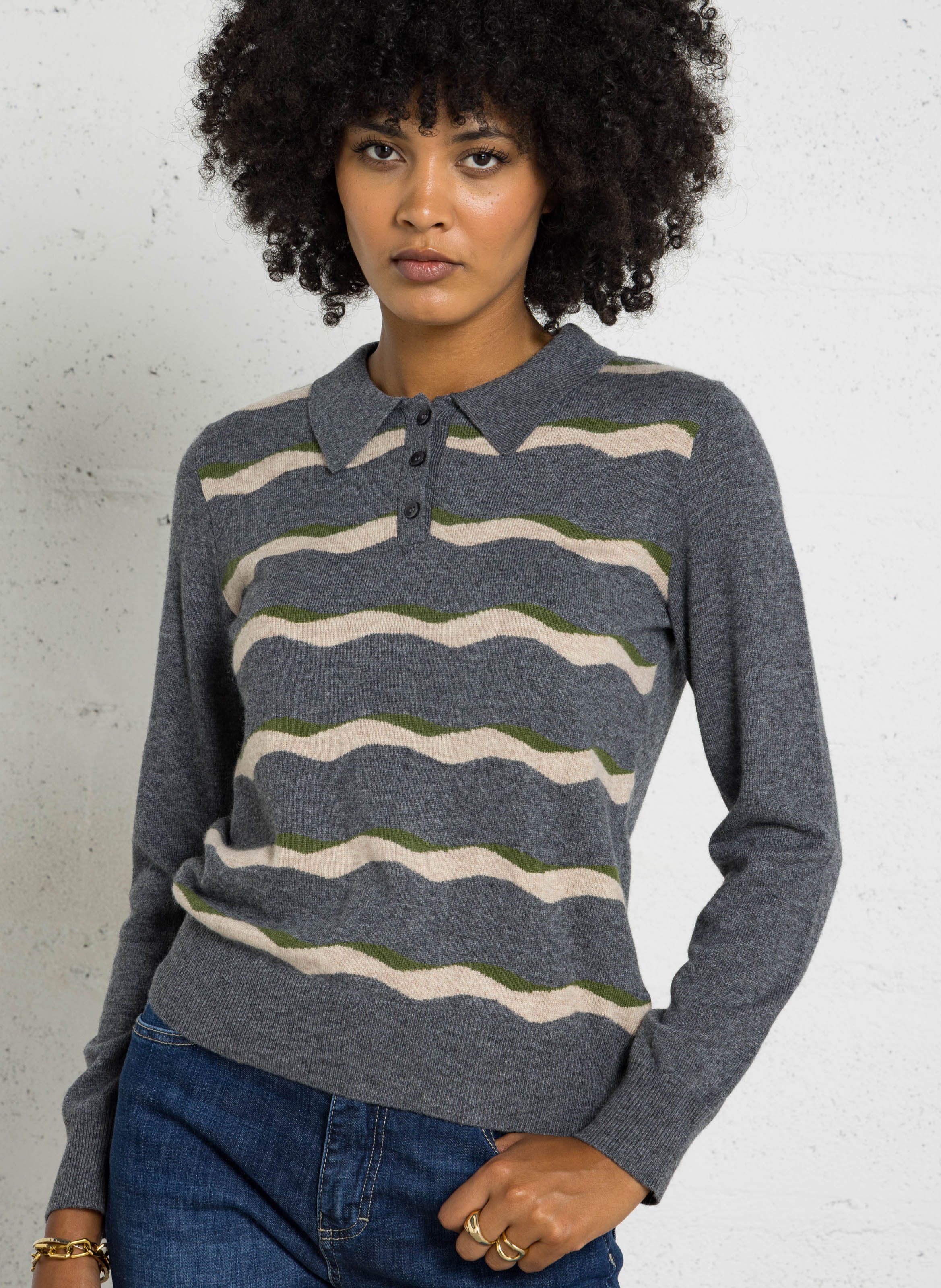 Polo droit en maille rayée NICE THINGS Gris