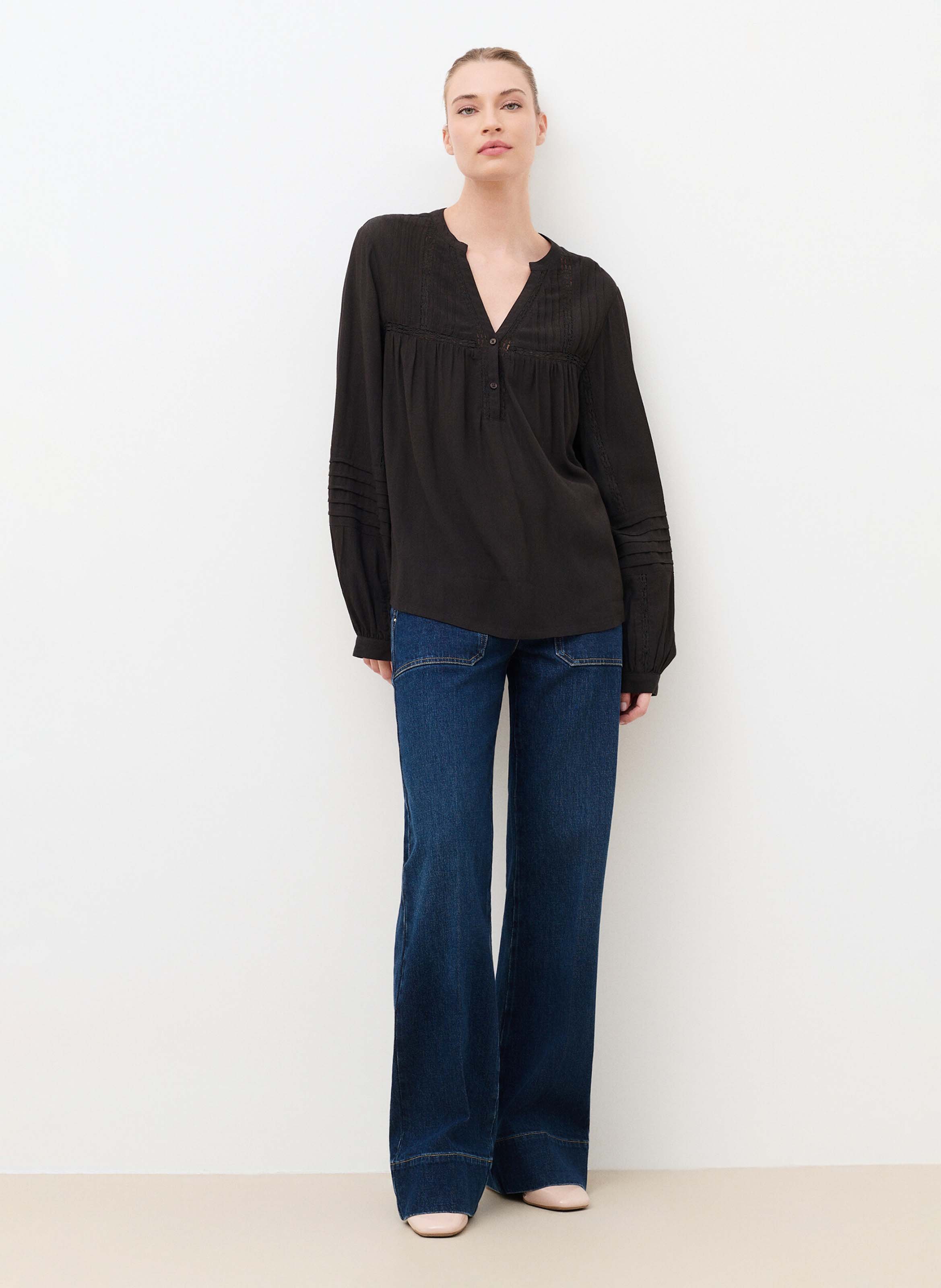 Buttoned V-neck blouse CAROLL Brown