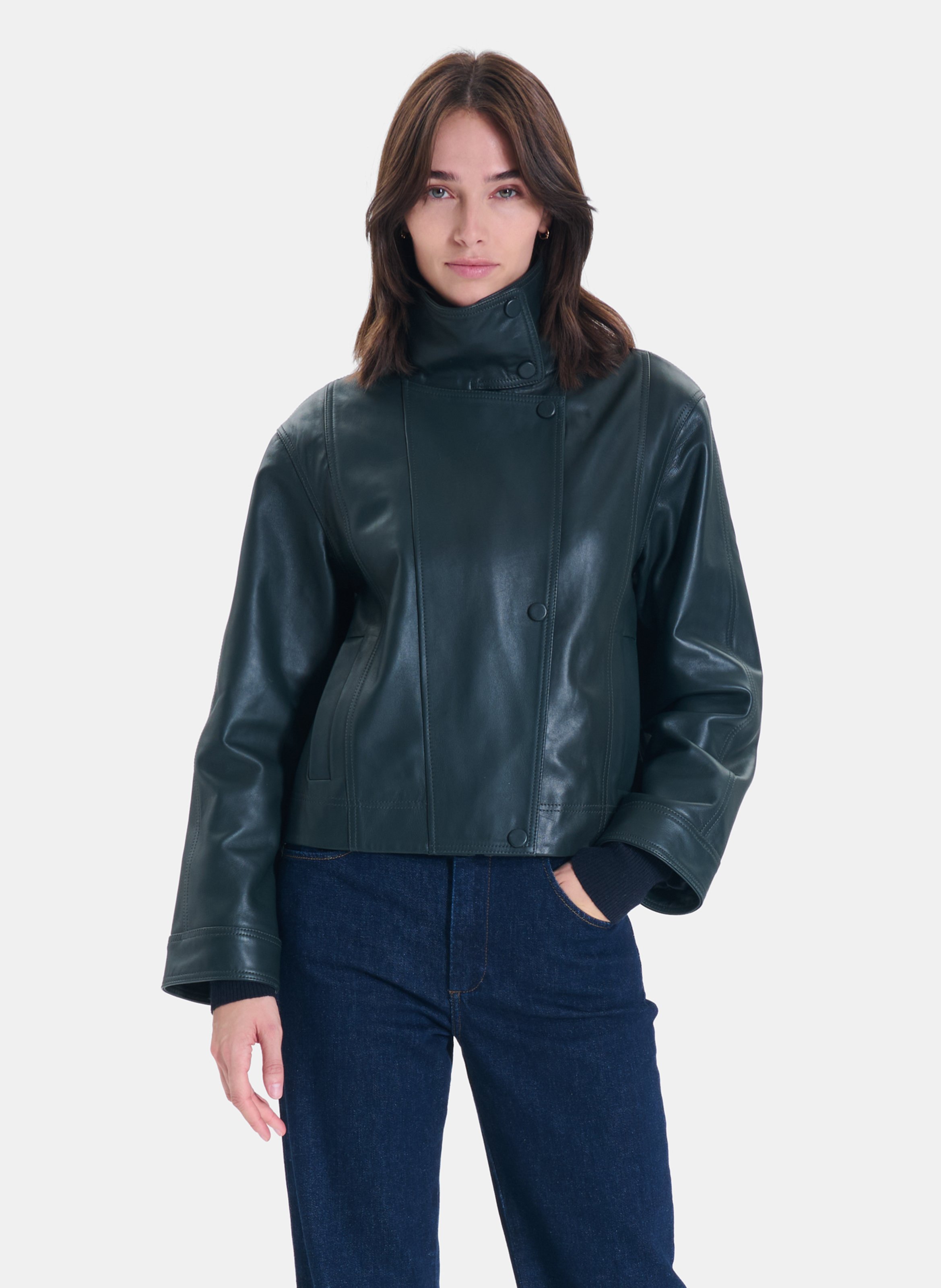 Veste droite col montant en cuir ZAPA Vert