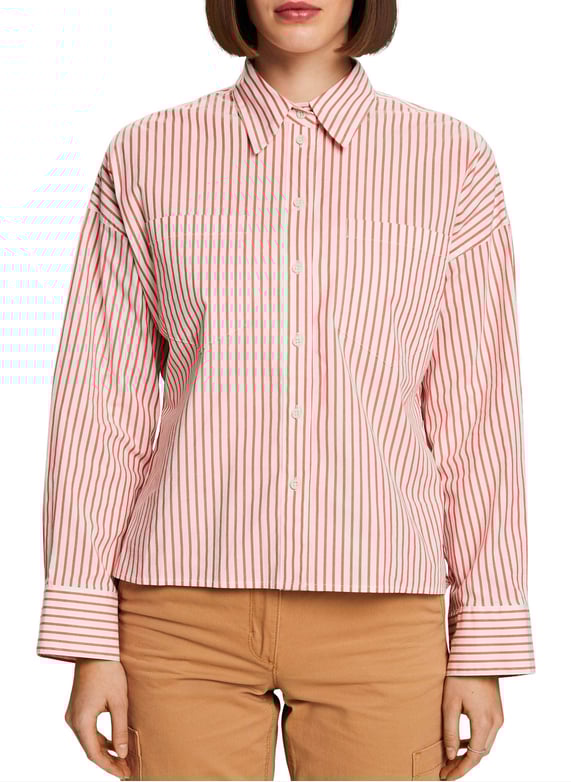 Chemise ample col classique en coton mélangé à rayures Rouge