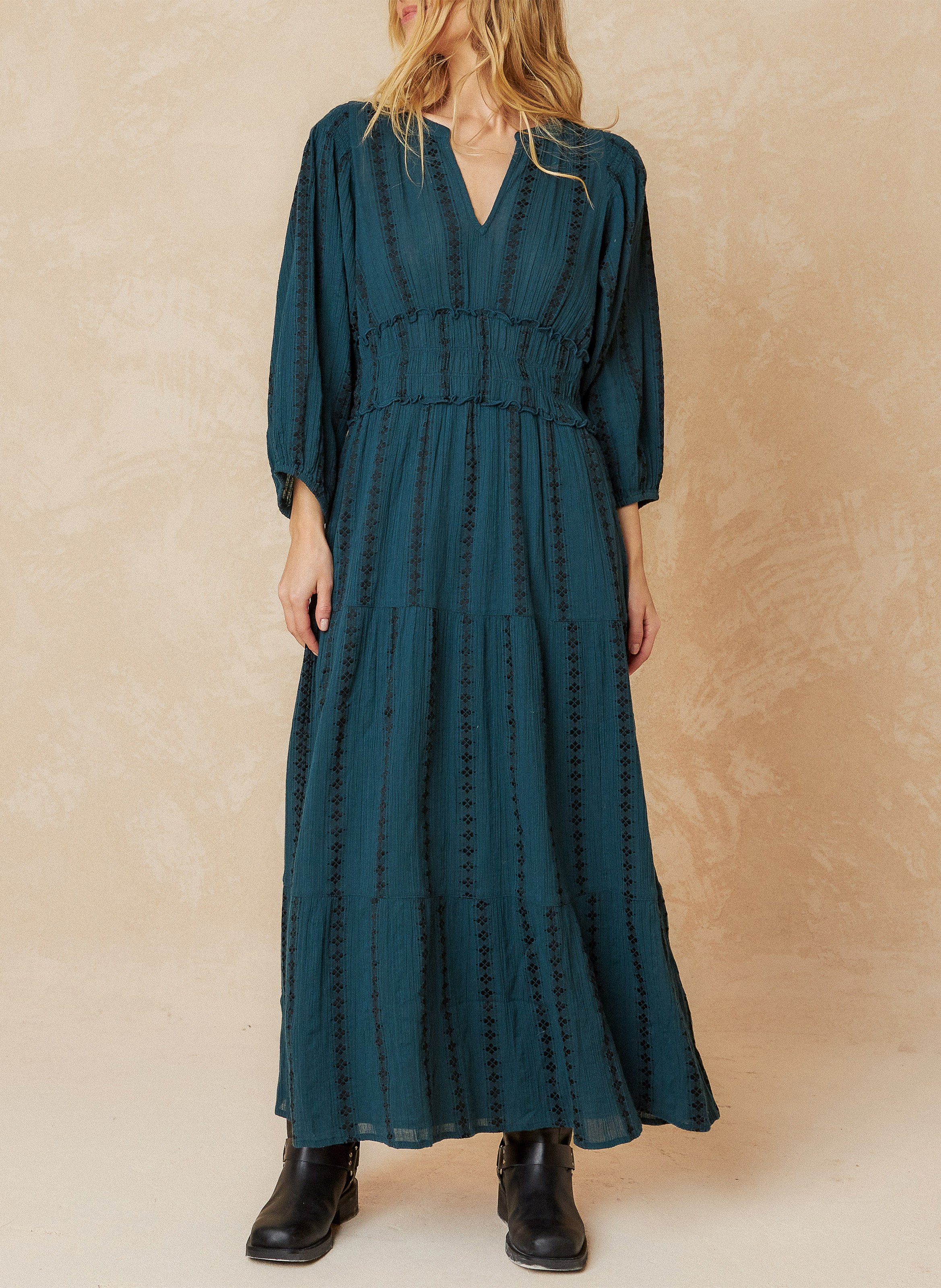 Blue Long V neck jacquard dress in blended cotton