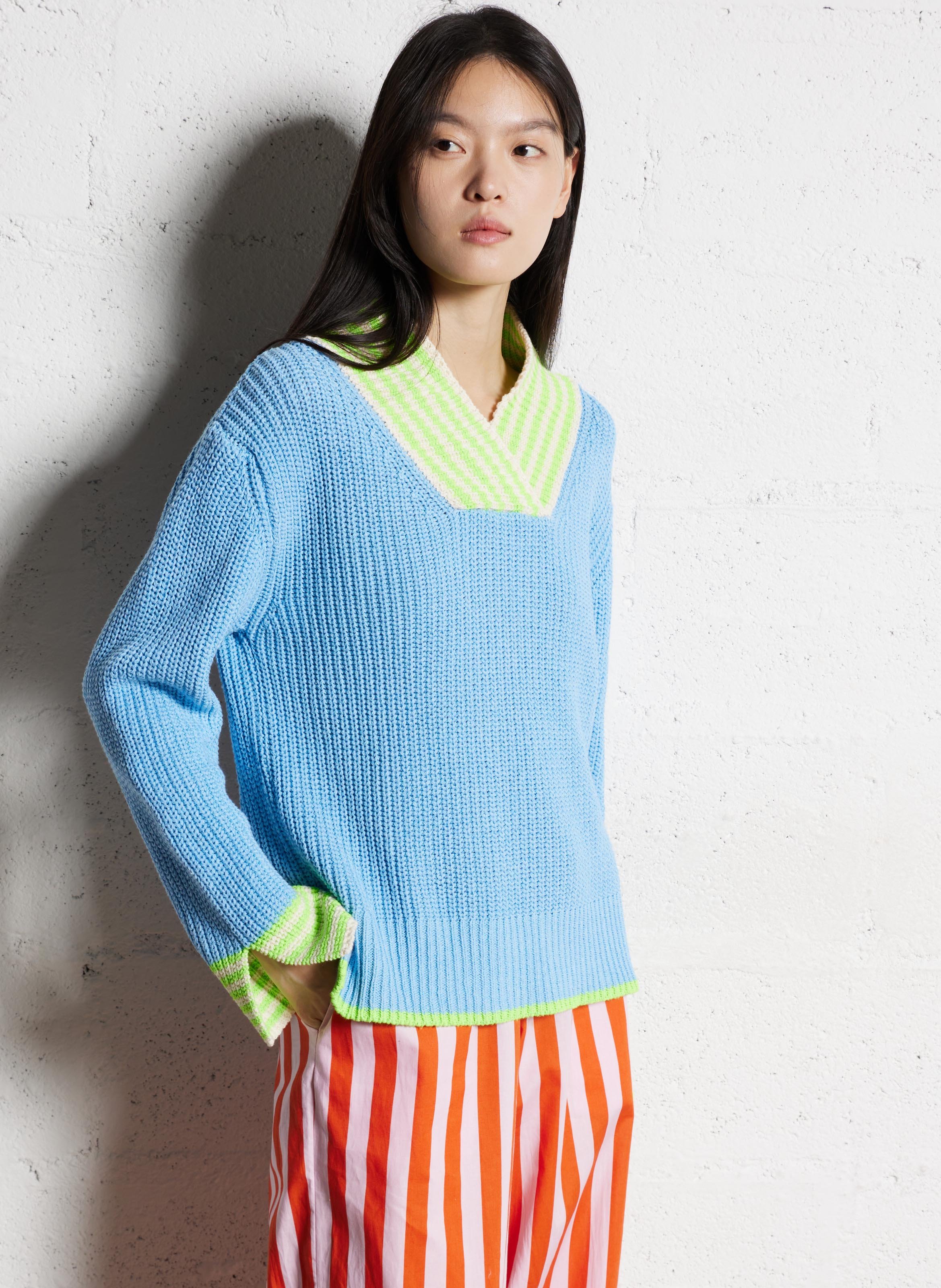 Pull droit col V en coton mélangé DR BLOOM Bleu