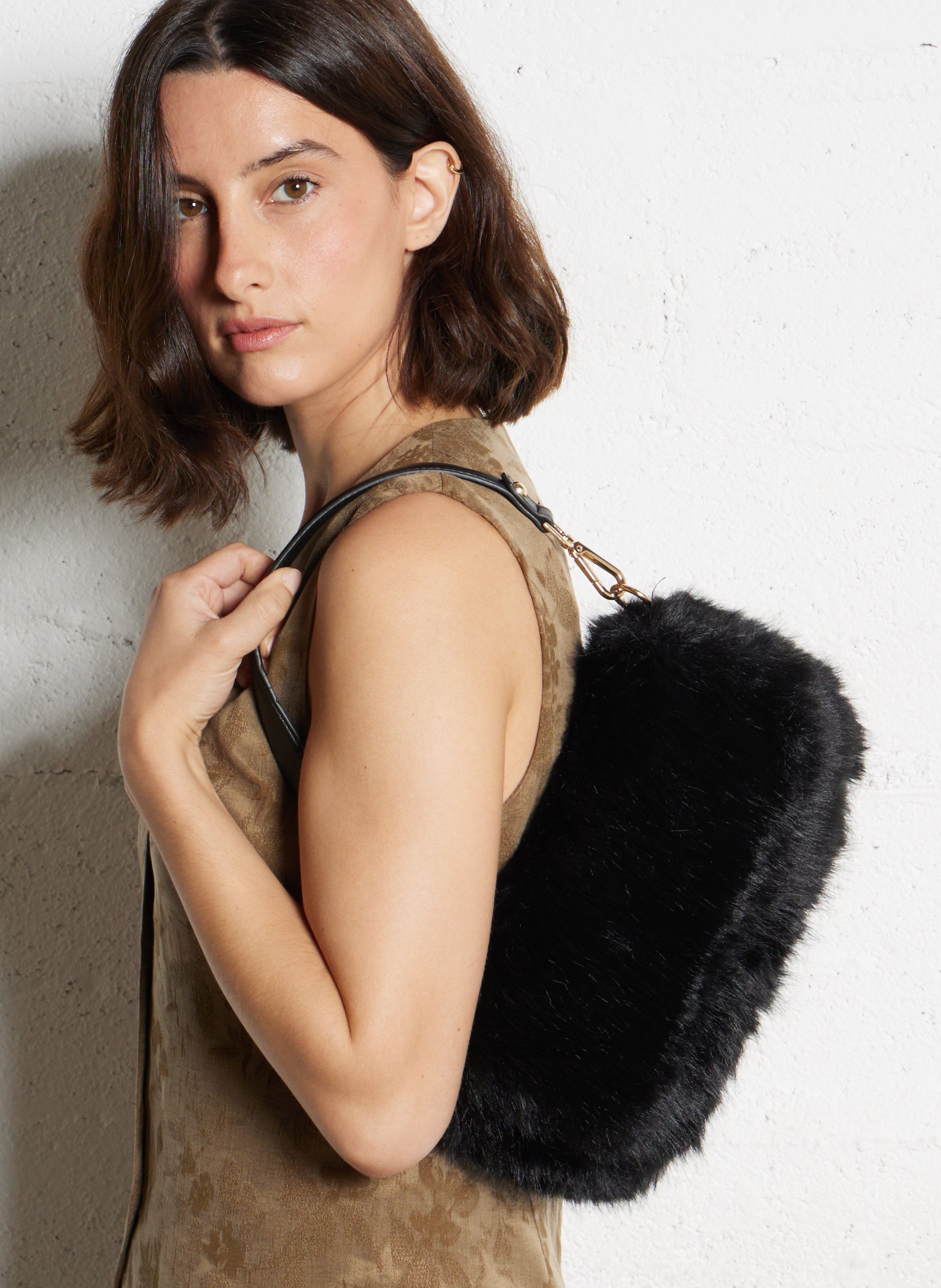 Fur effect baguette bag AU PRINTEMPS PARIS Black