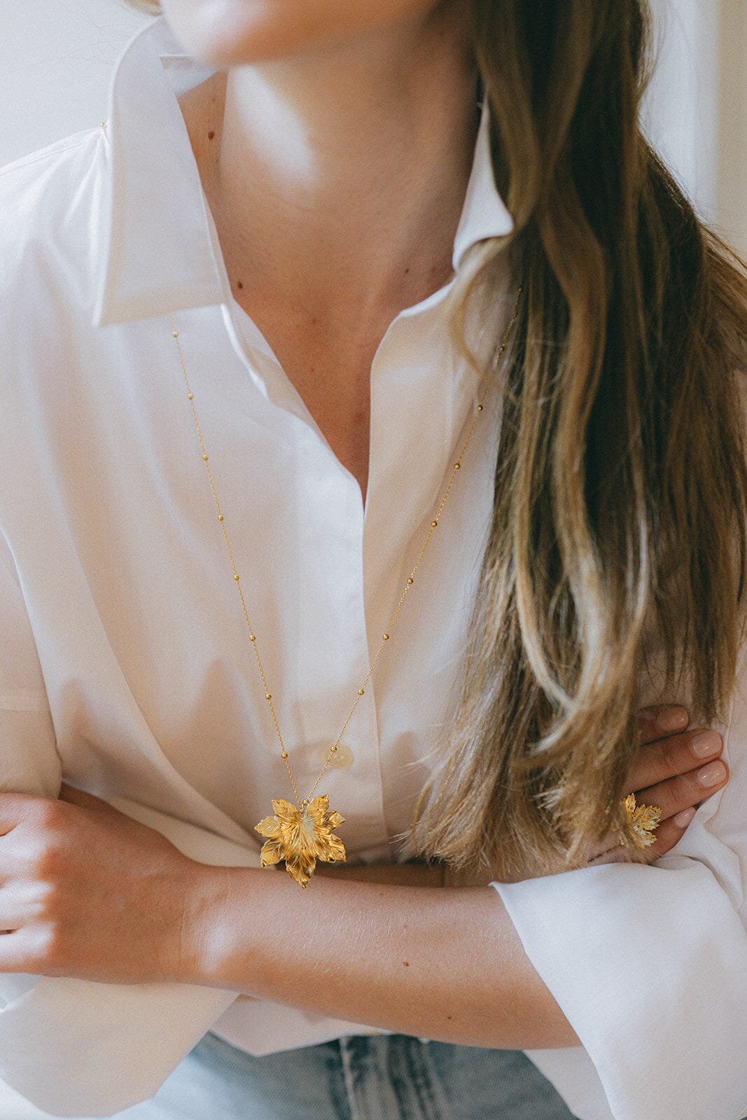 Gold-plated leaf long necklace MONSIEUR SIMONE Silver