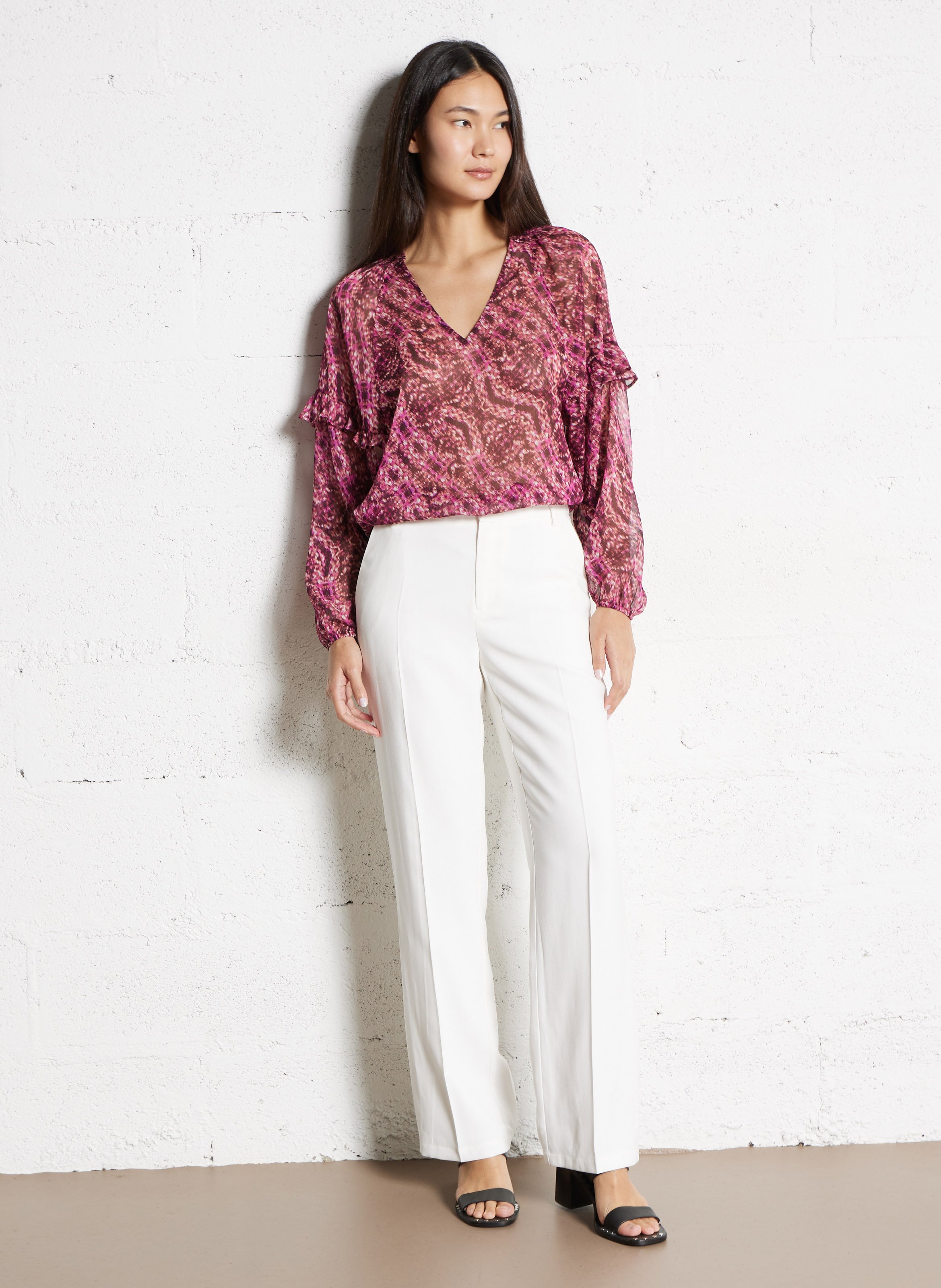 Straight printed V-neck blouse IKKS Pink