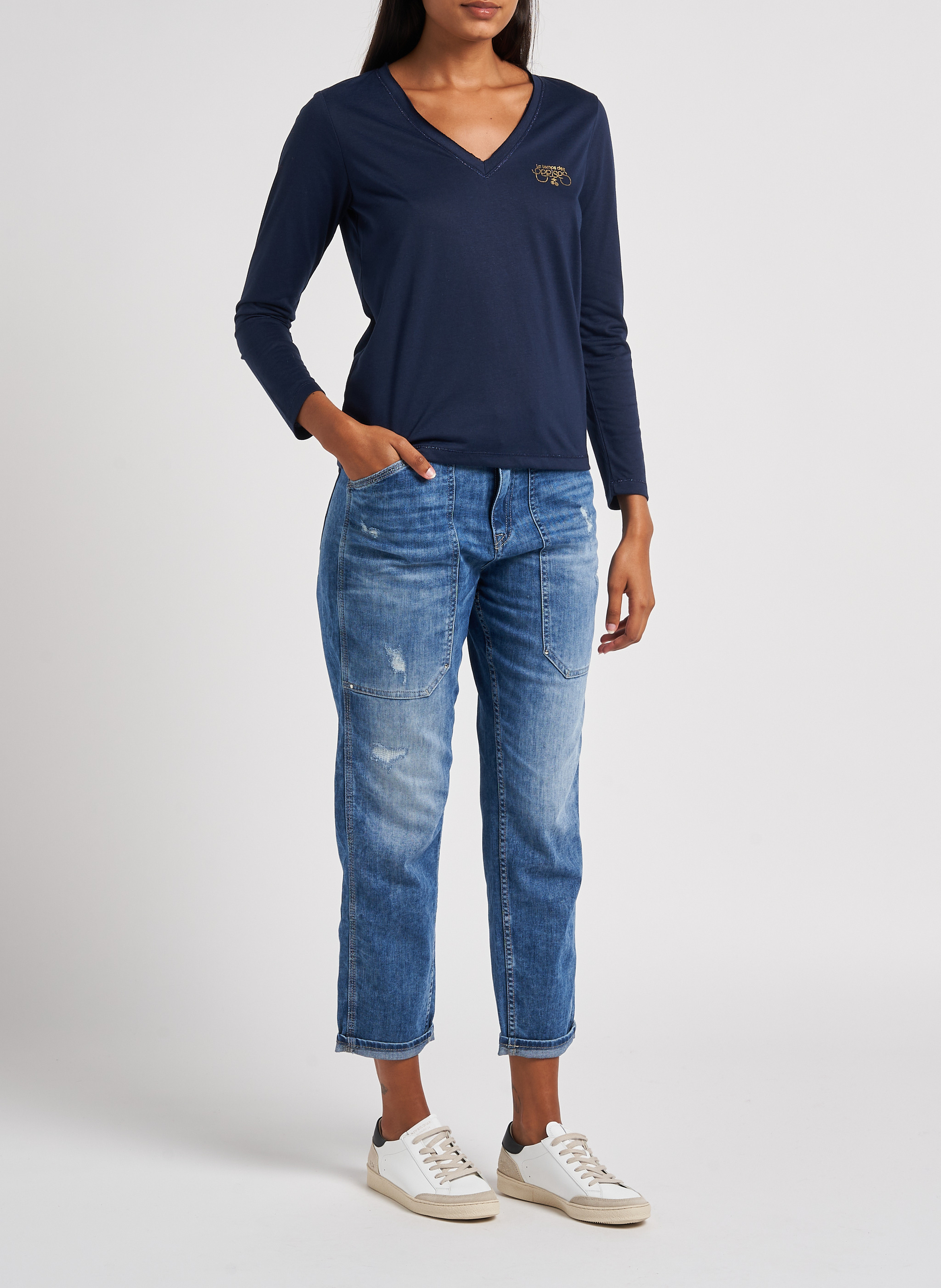 Cotton-blend girlfriend jeans LE TEMPS DES CERISES Blue
