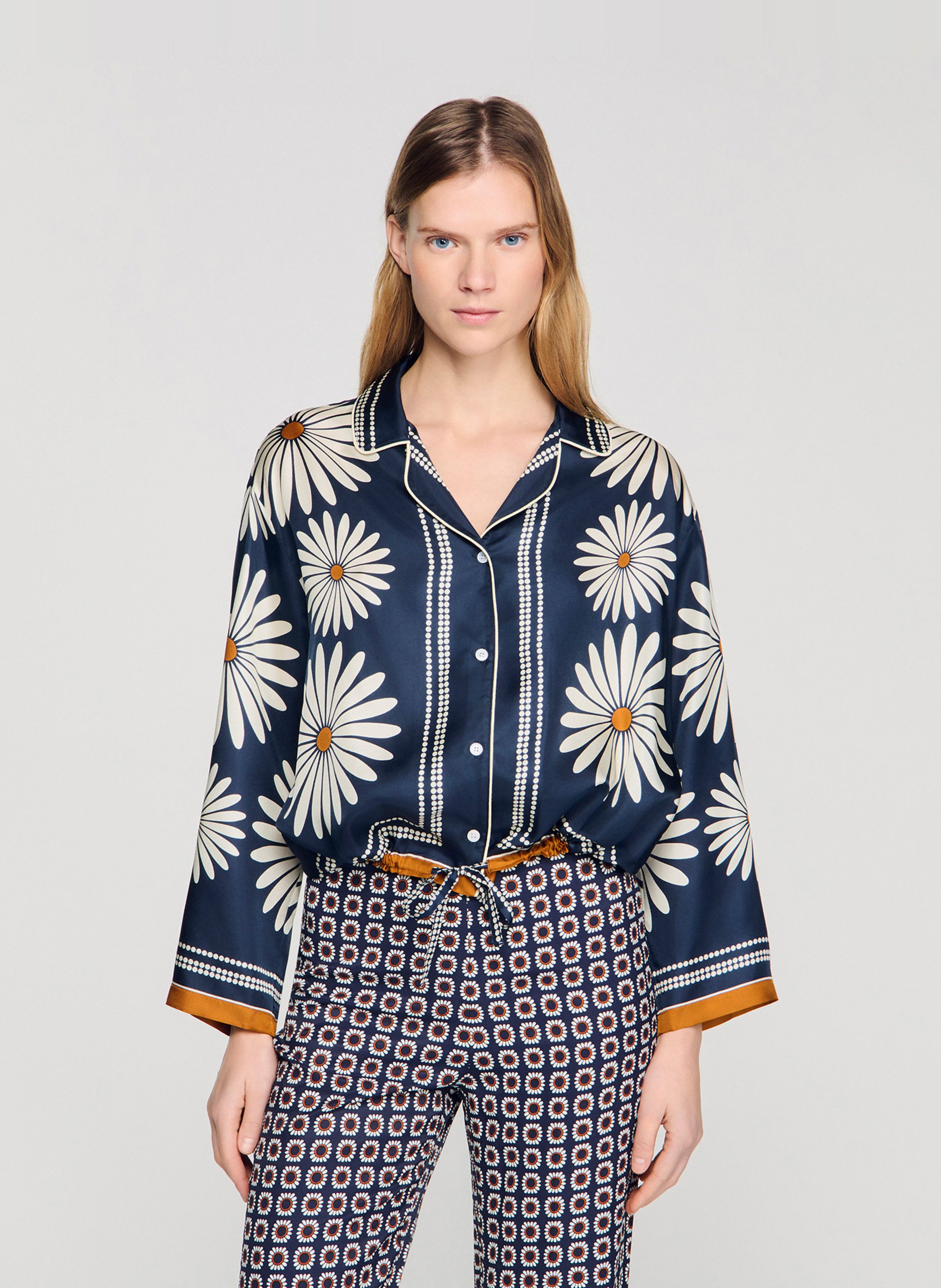 Oversized silk shirt with tailored collar in printed silk SANDRO Blue