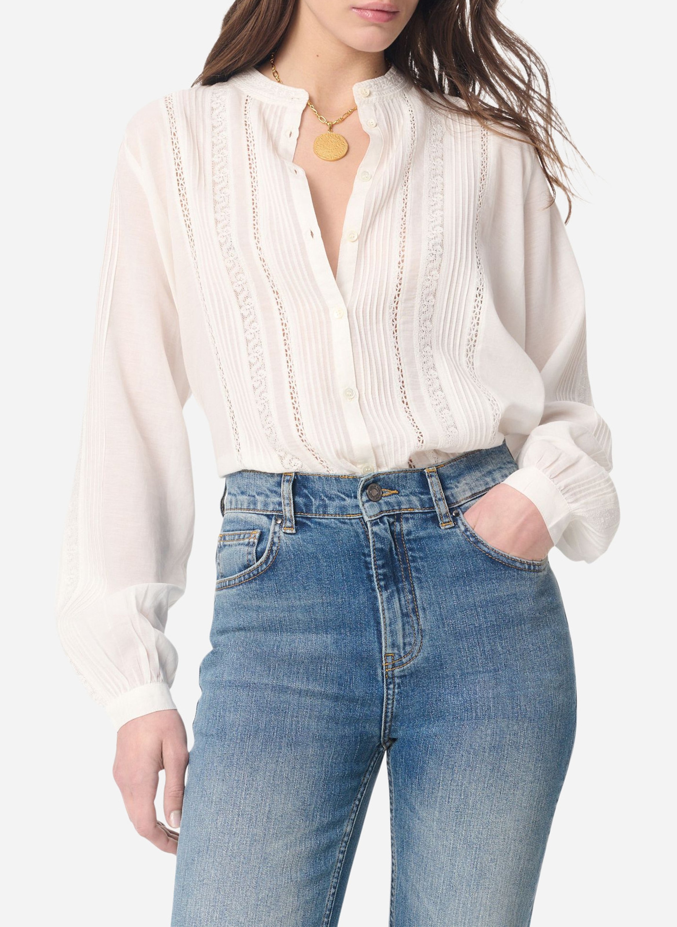 Blouse droite fluide col rond brodée VANESSA BRUNO Blanc