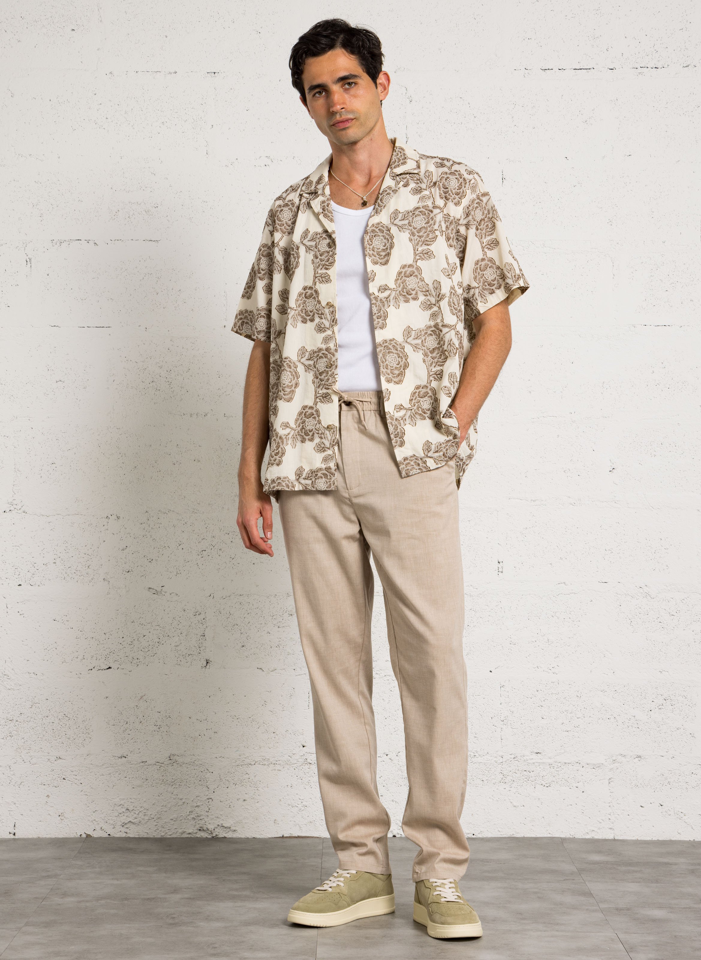 Camicia oversize con collo cubano in cotone stampato LES DEUX Beige
