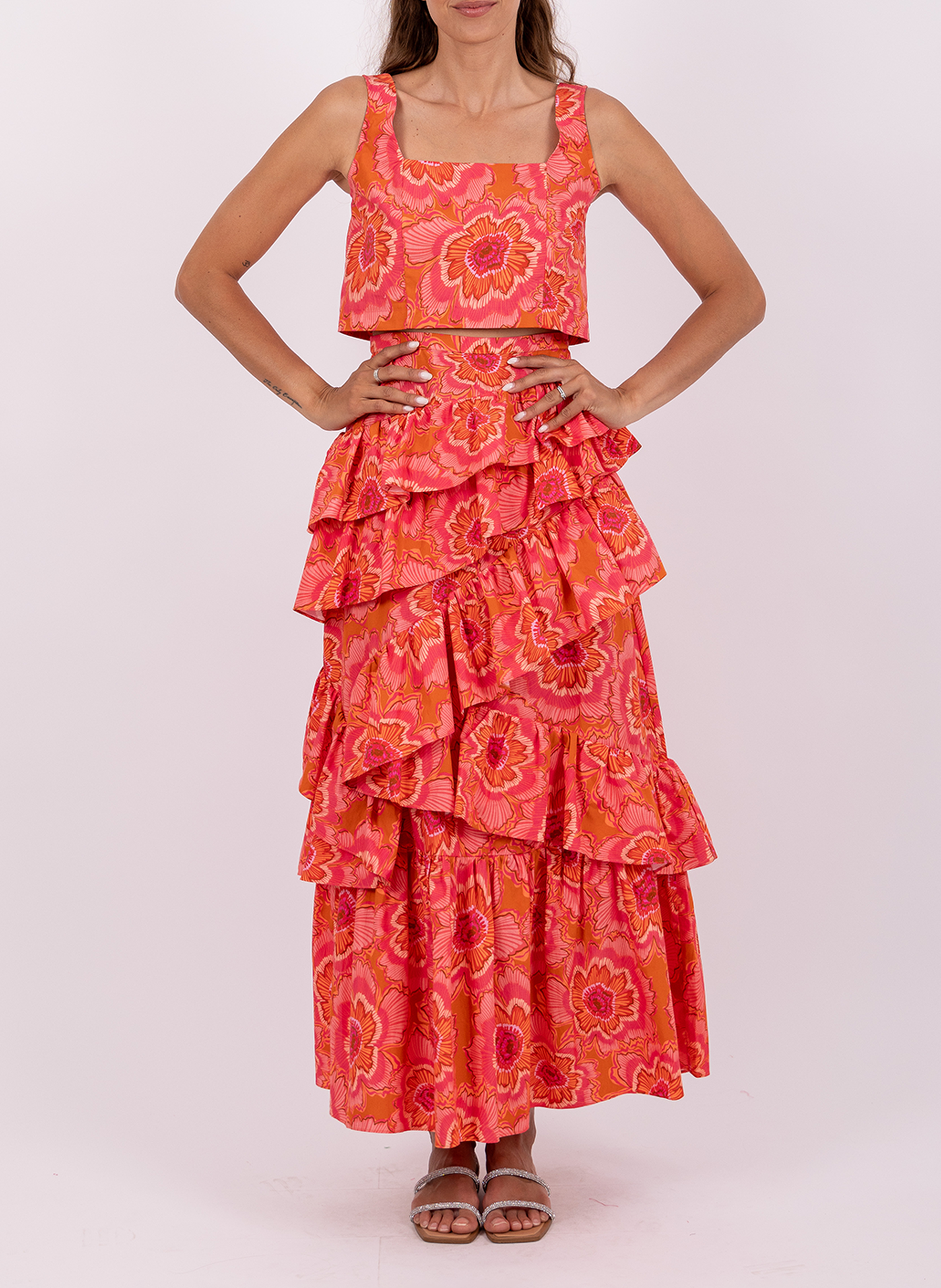 Long printed skirt with asymmetrical ruffles SUNDRESS Pink
