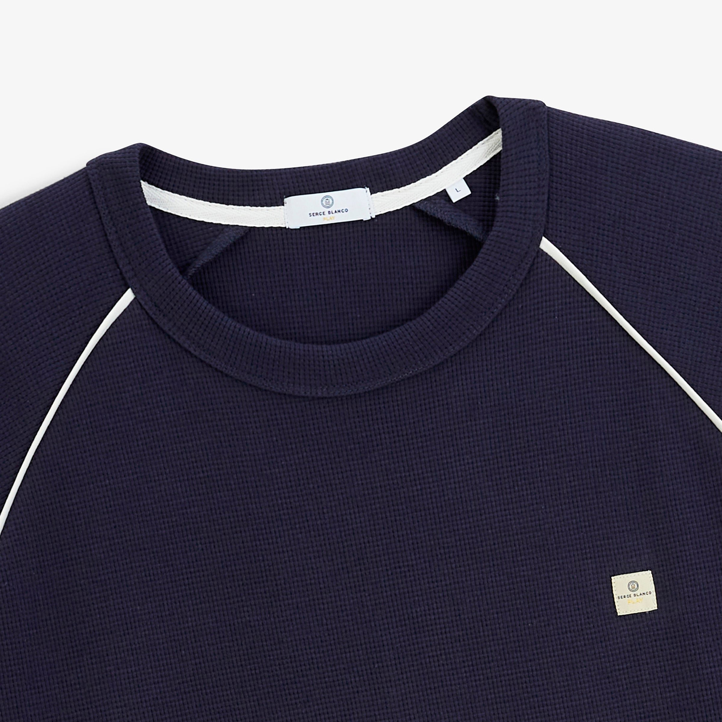 Long-sleeved round neck waffled cotton T-shirt in navy blue sbplay SERGE BLANCO Blue