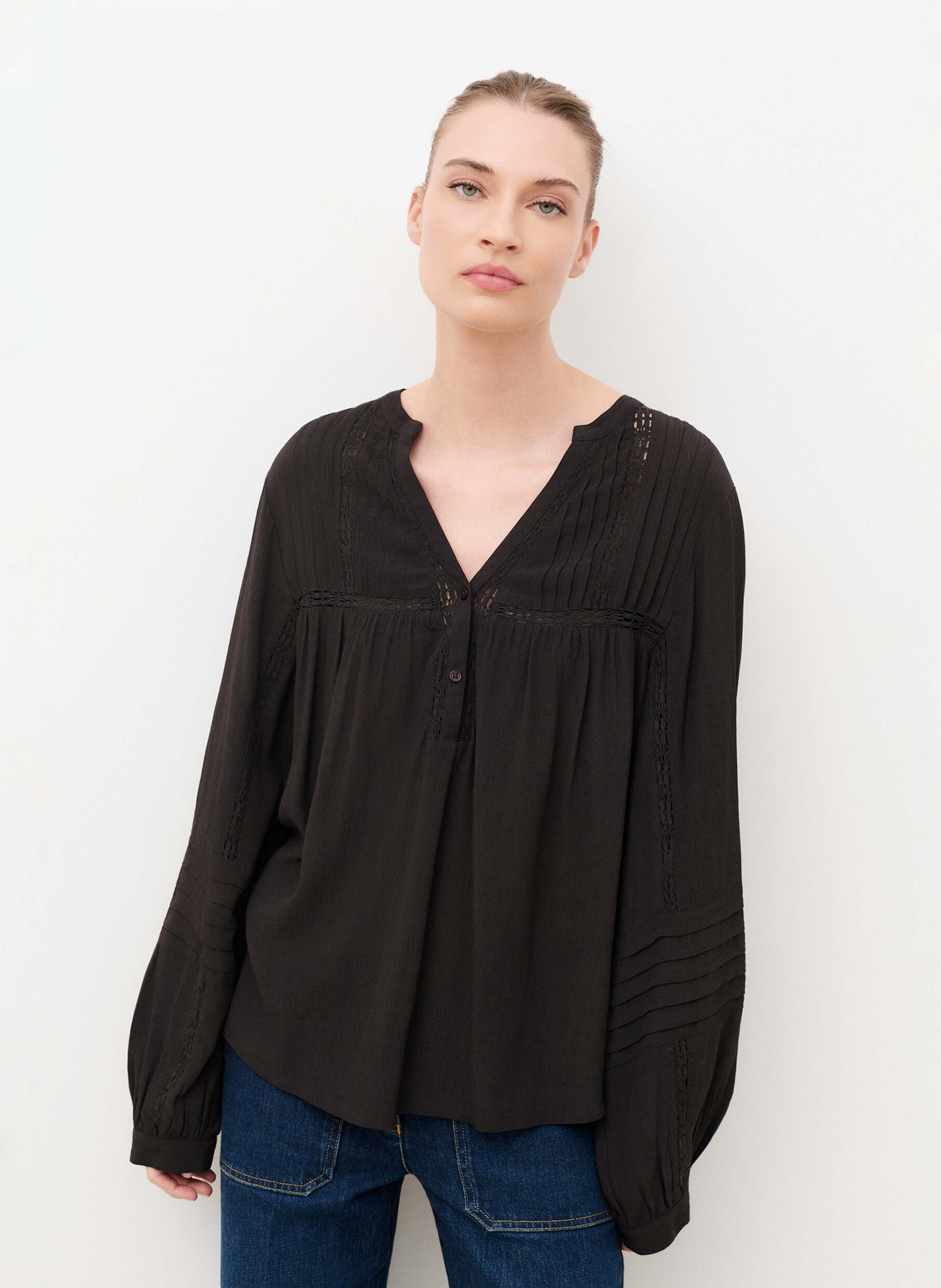 Buttoned V-neck blouse CAROLL Brown