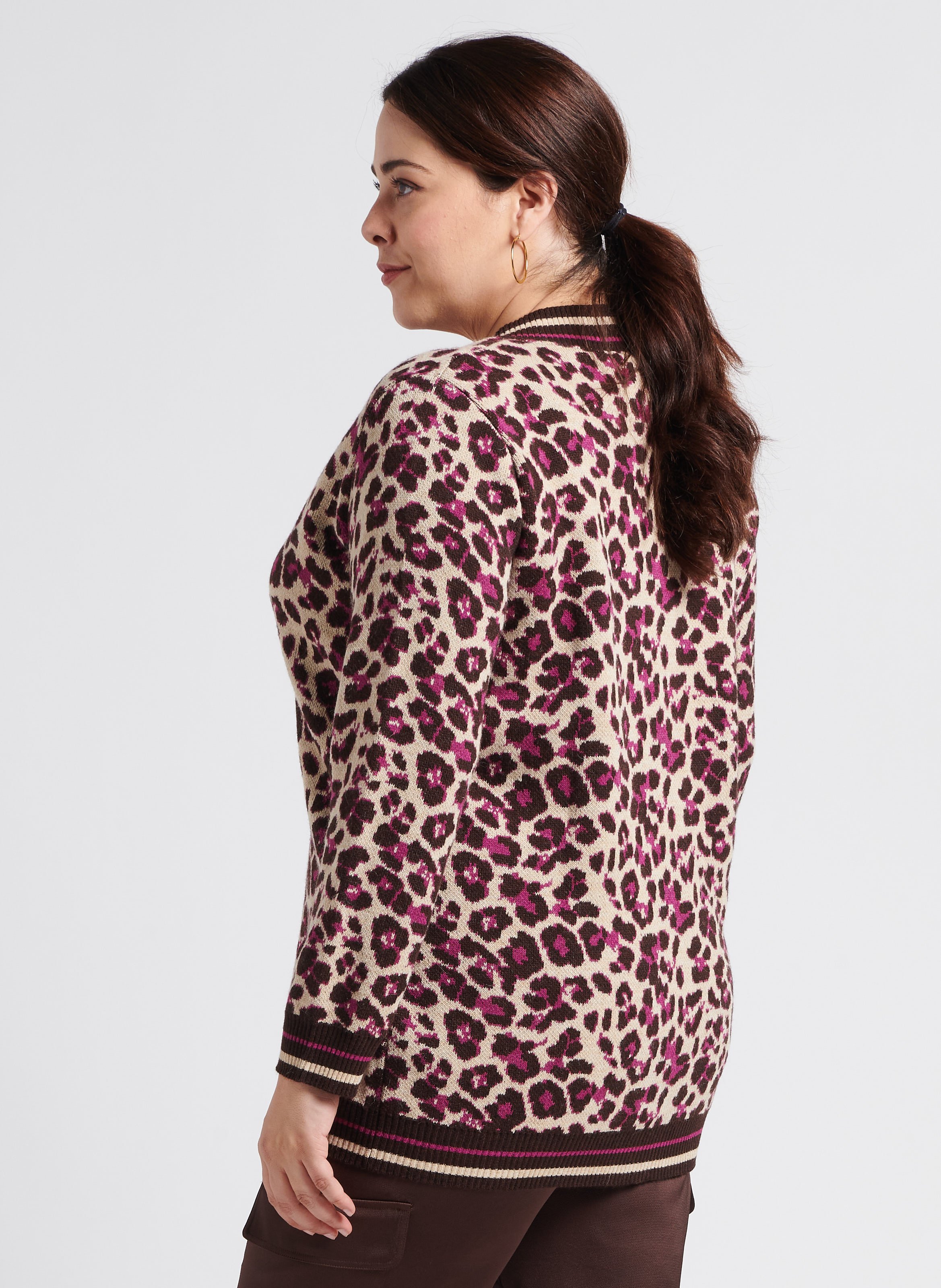 Gebreid vest met V-hals en luipaardmotief | materiaalblend Bruin