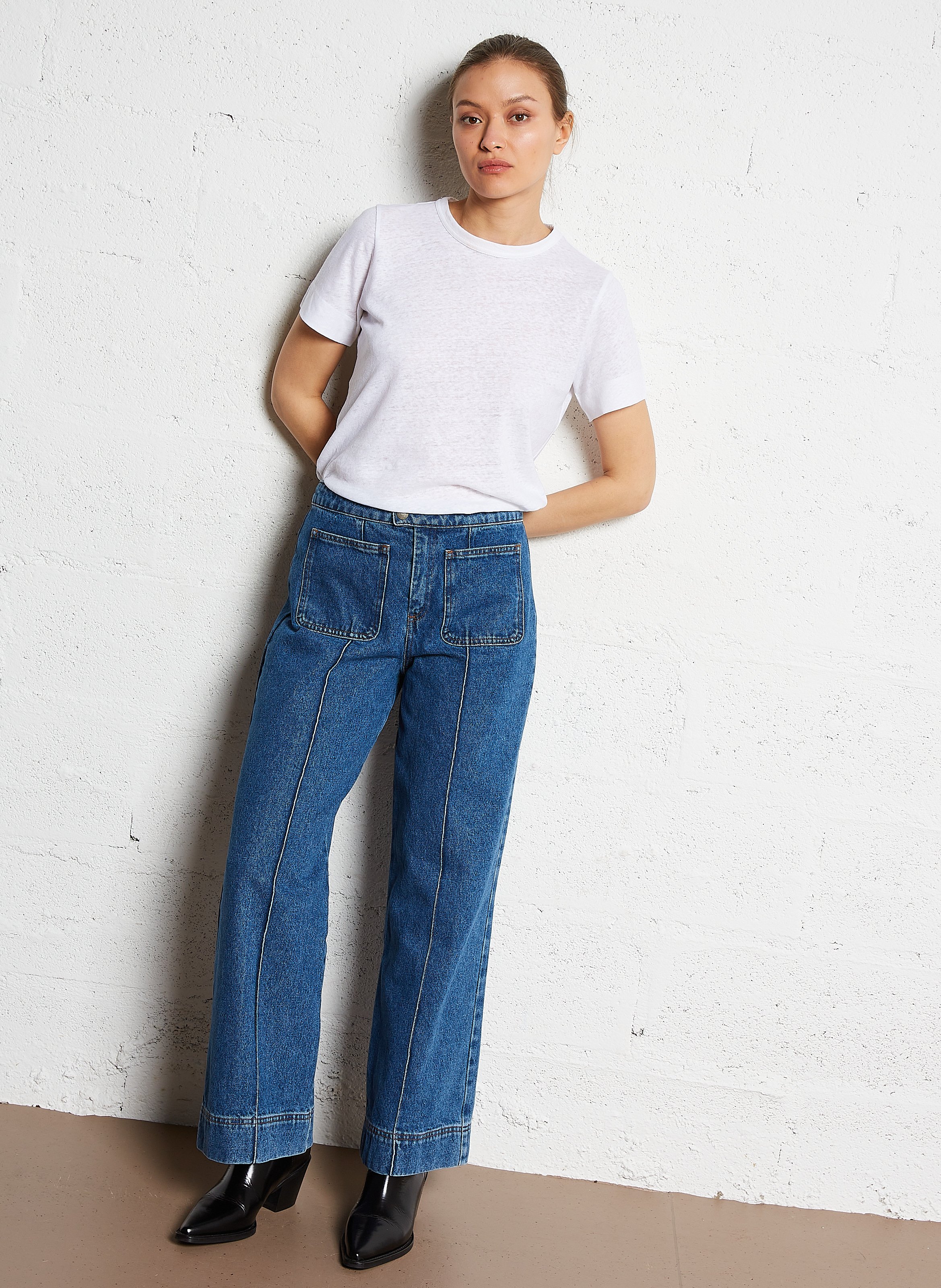 Jean évasé et délavé en coton  SOEUR Bleu