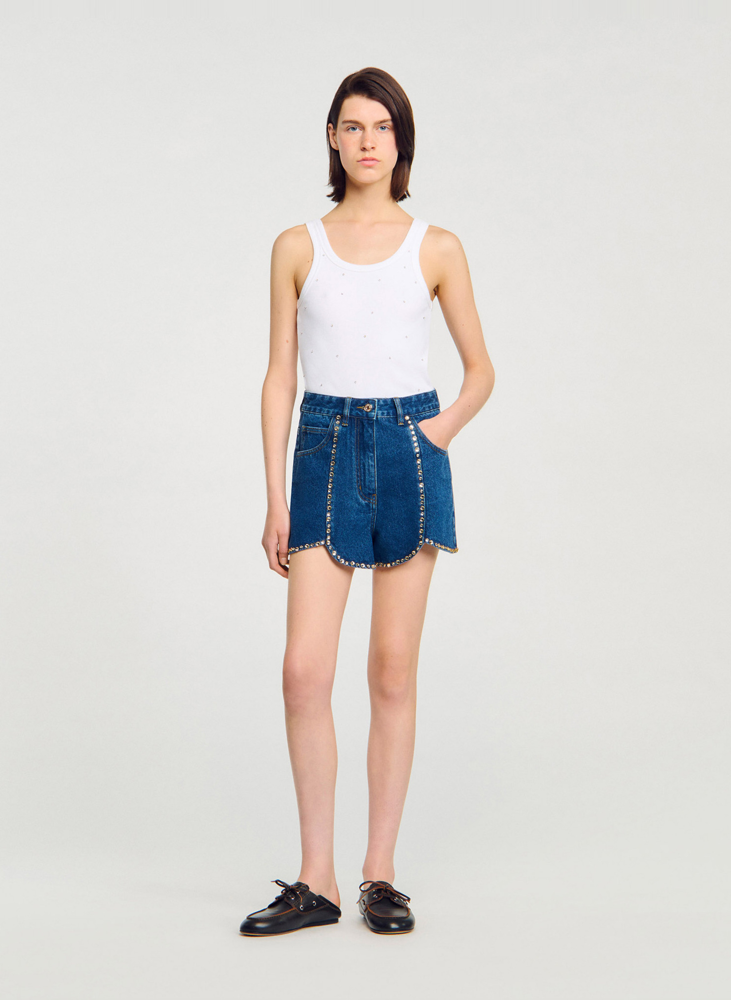 Short en denim strassé SANDRO Bleu