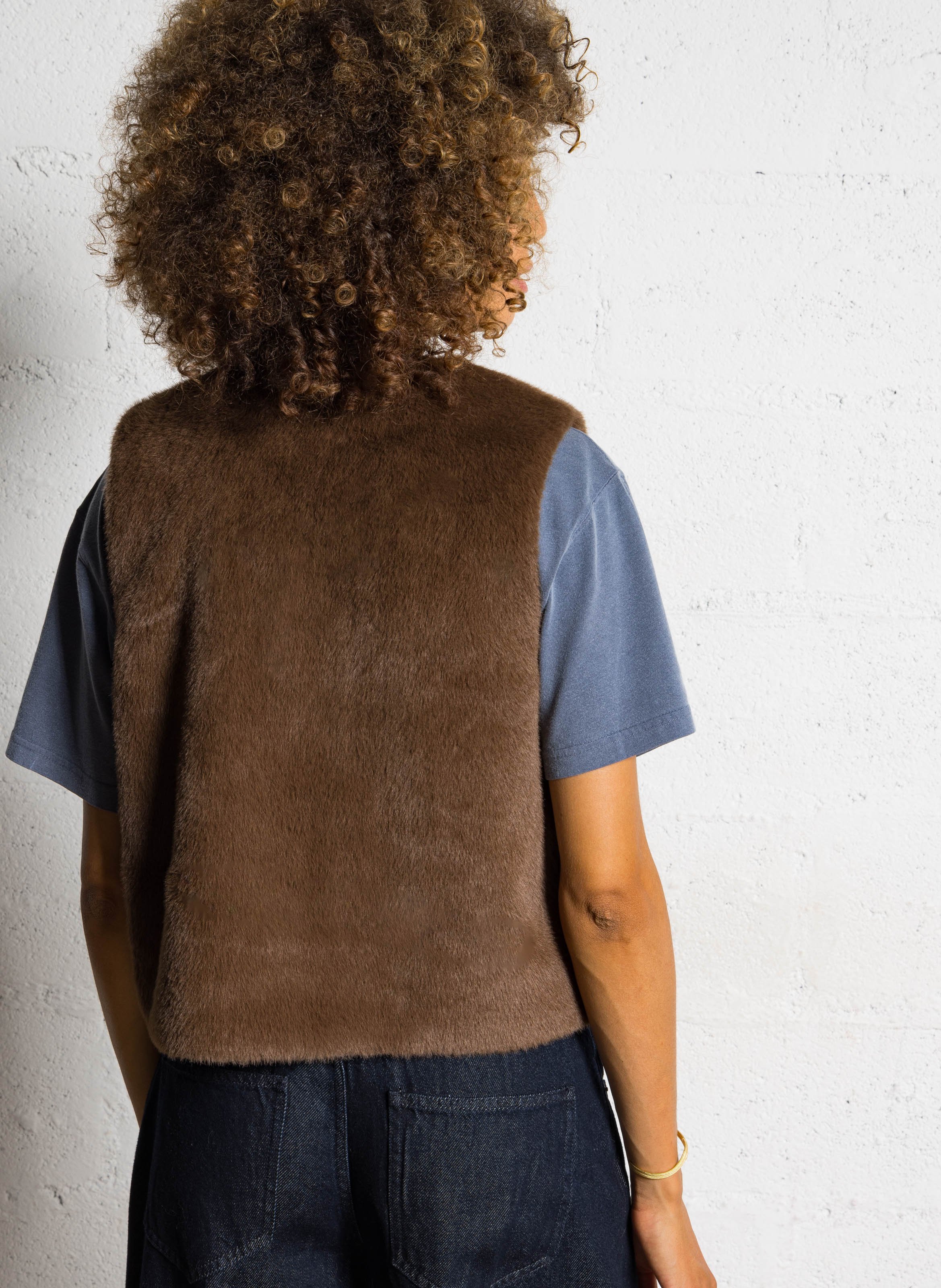 Veste droite col rond en fourrure synthétique LAB DIP Marron