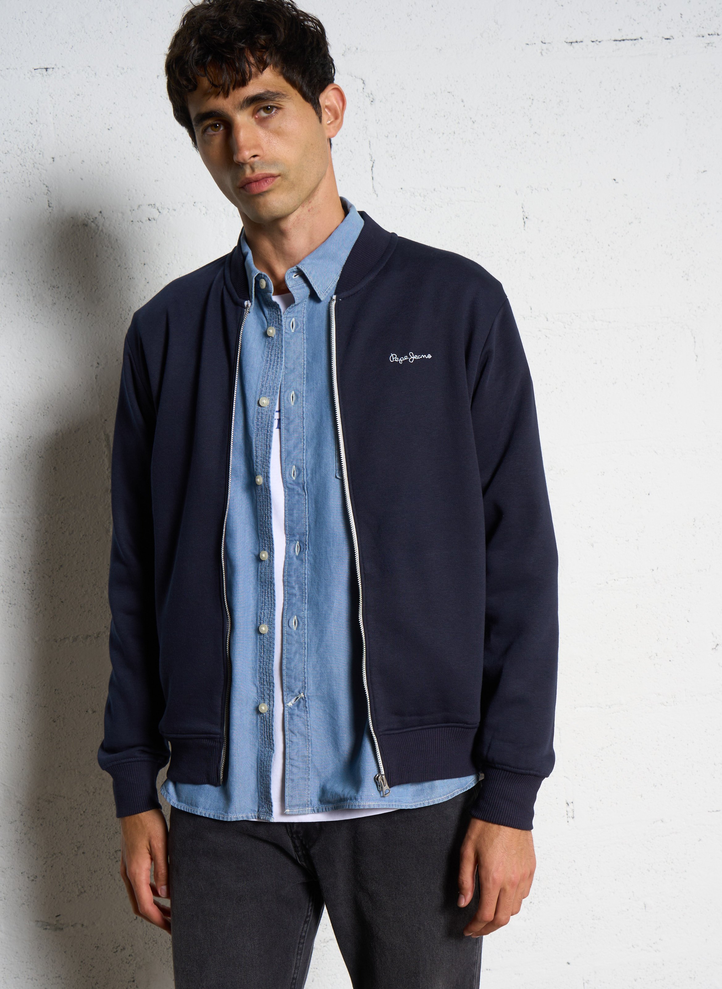 Embroidered straight zip-up sweatshirt in blended cotton. PEPE JEANS Blue