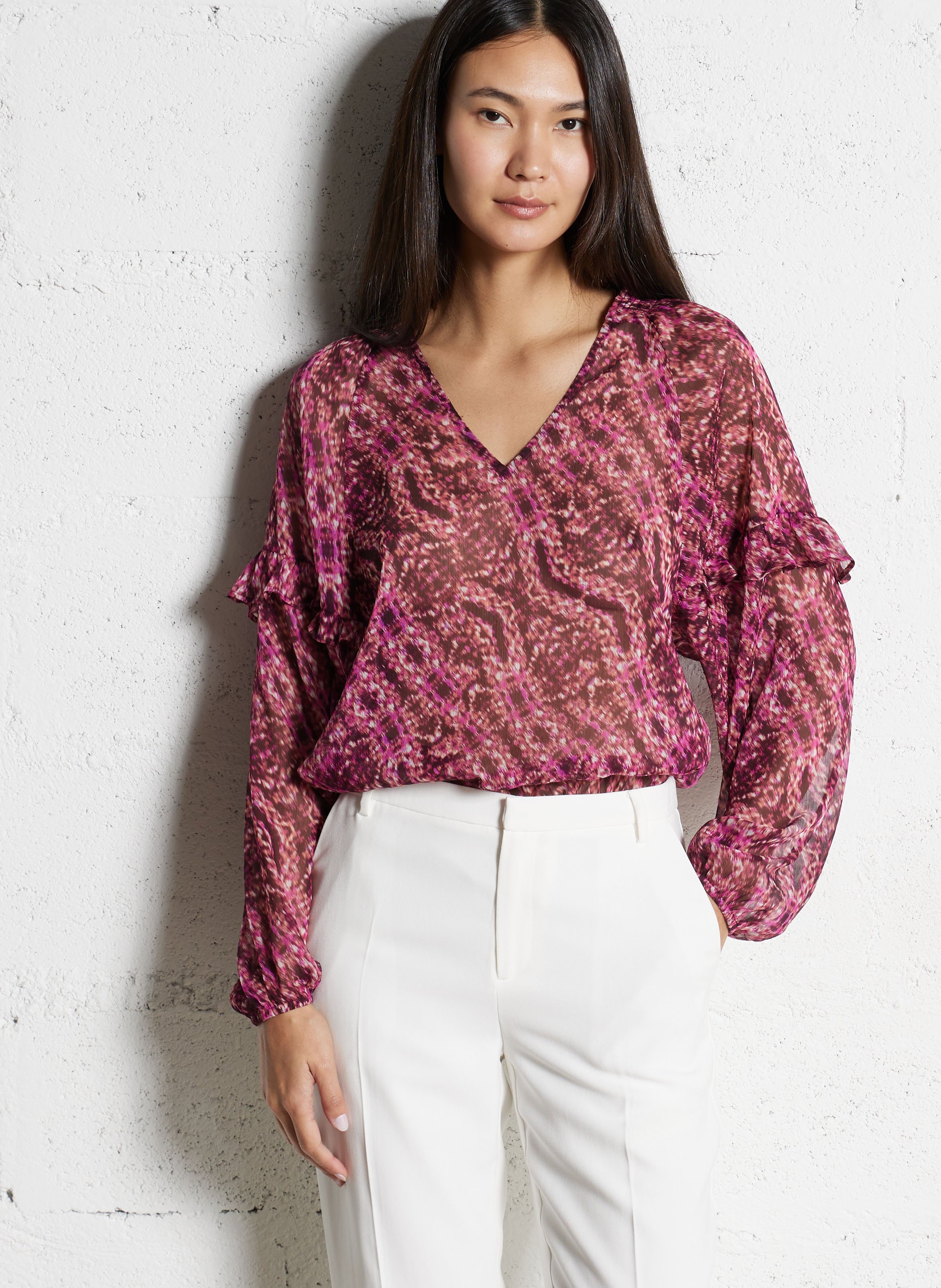 Straight printed V-neck blouse IKKS Pink