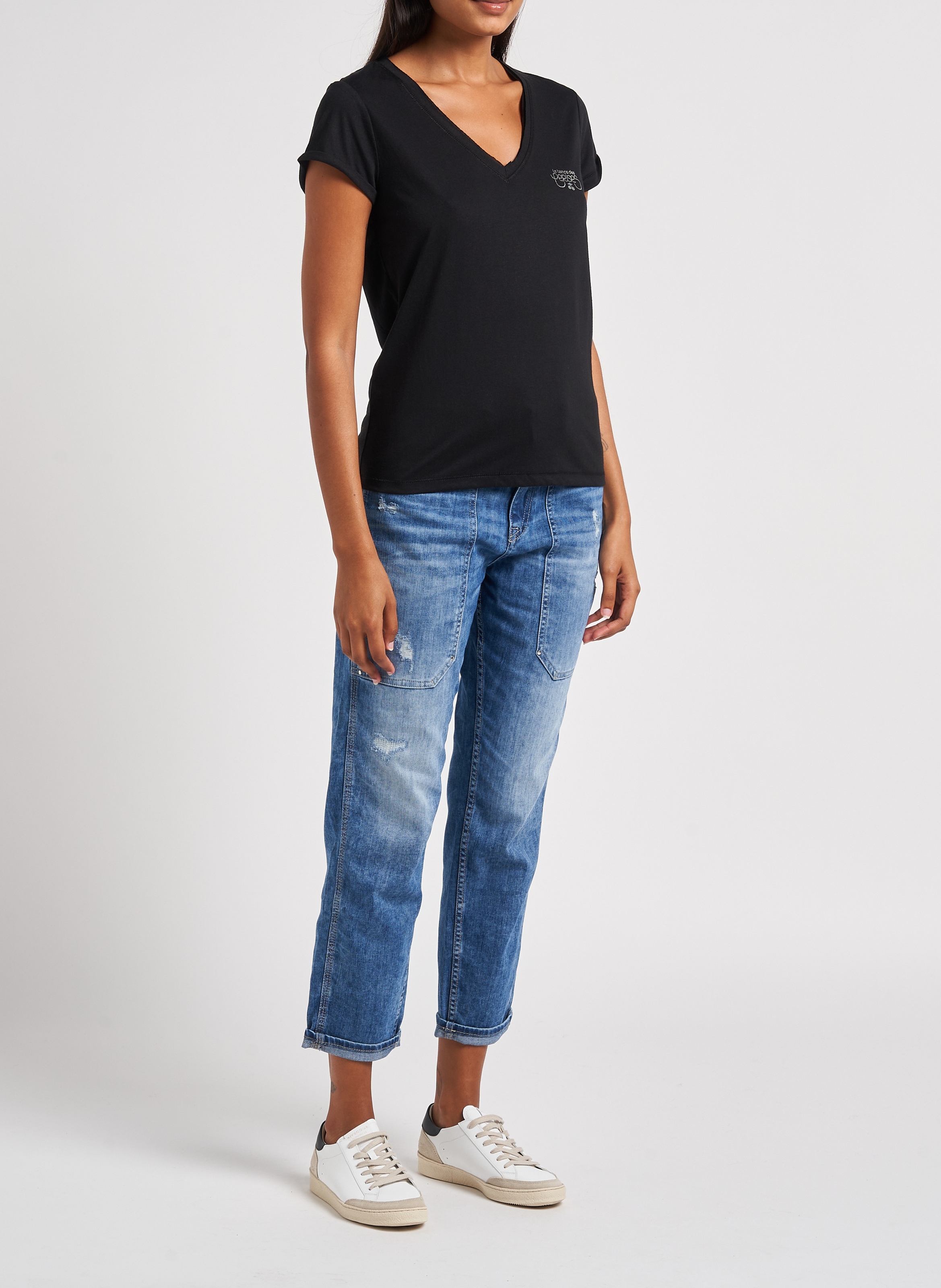 Recht T-shirt met V-hals en zeefdruk LE TEMPS DES CERISES Zwart