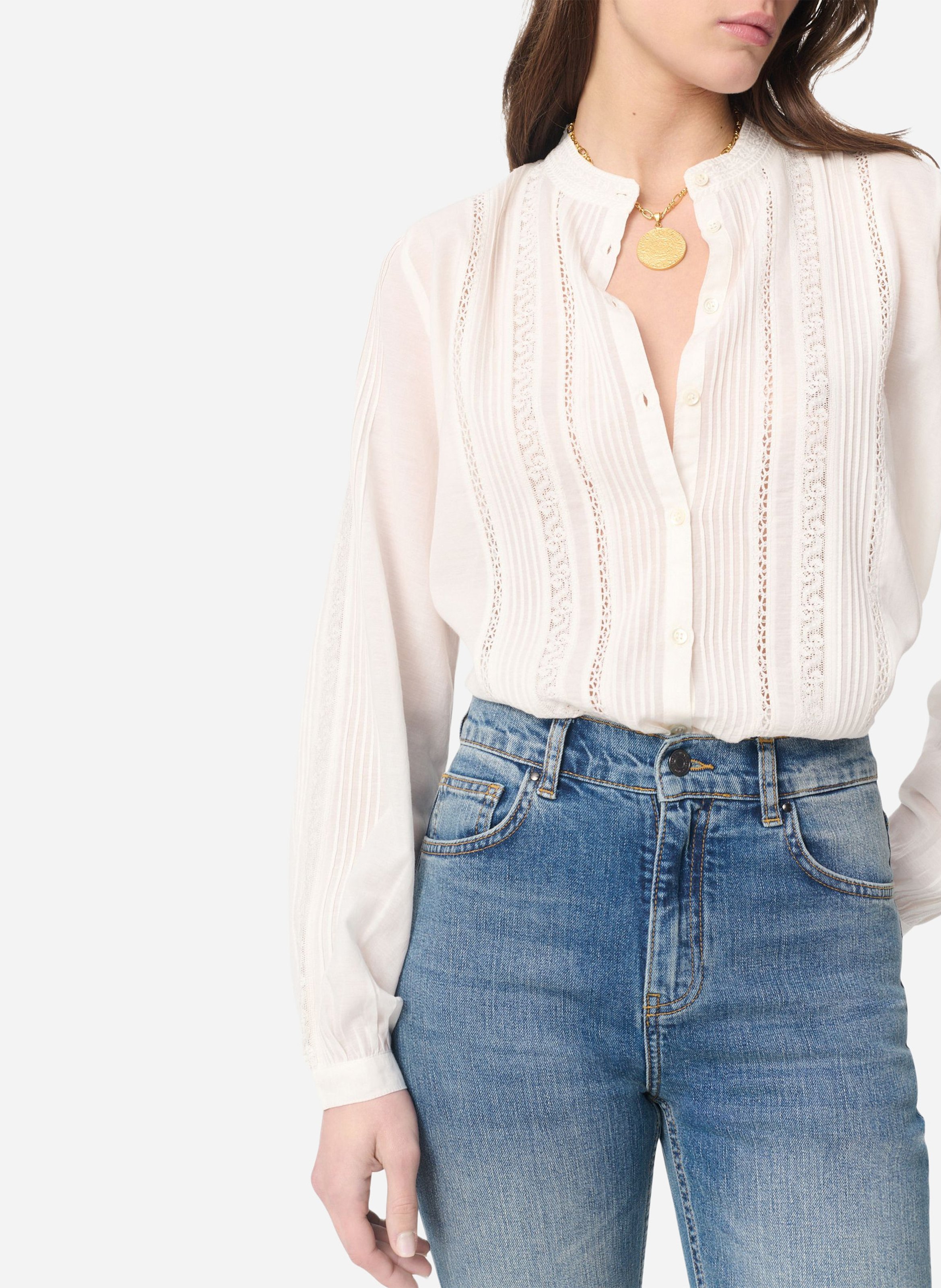 Blouse droite fluide col rond brodée VANESSA BRUNO Blanc