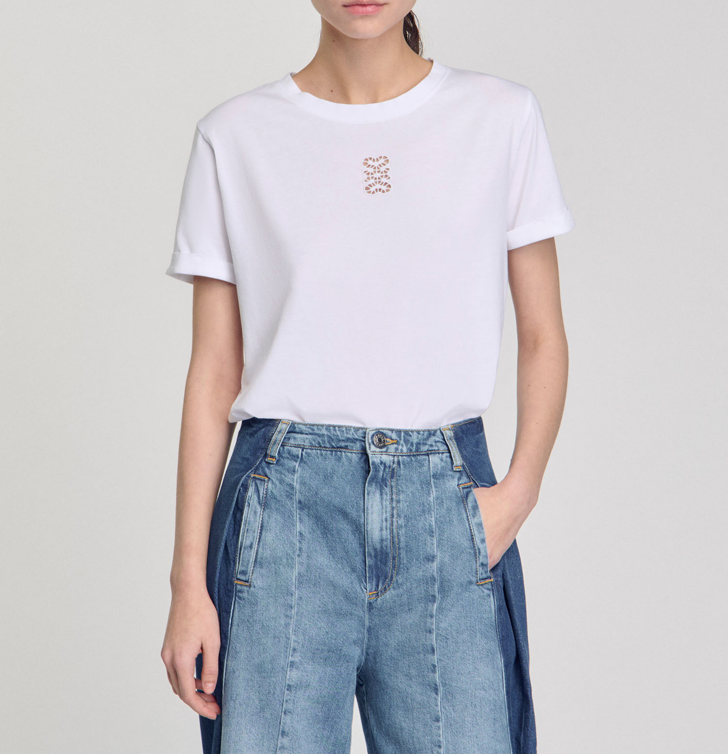Tee-shirt droit col rond en coton SANDRO Blanc