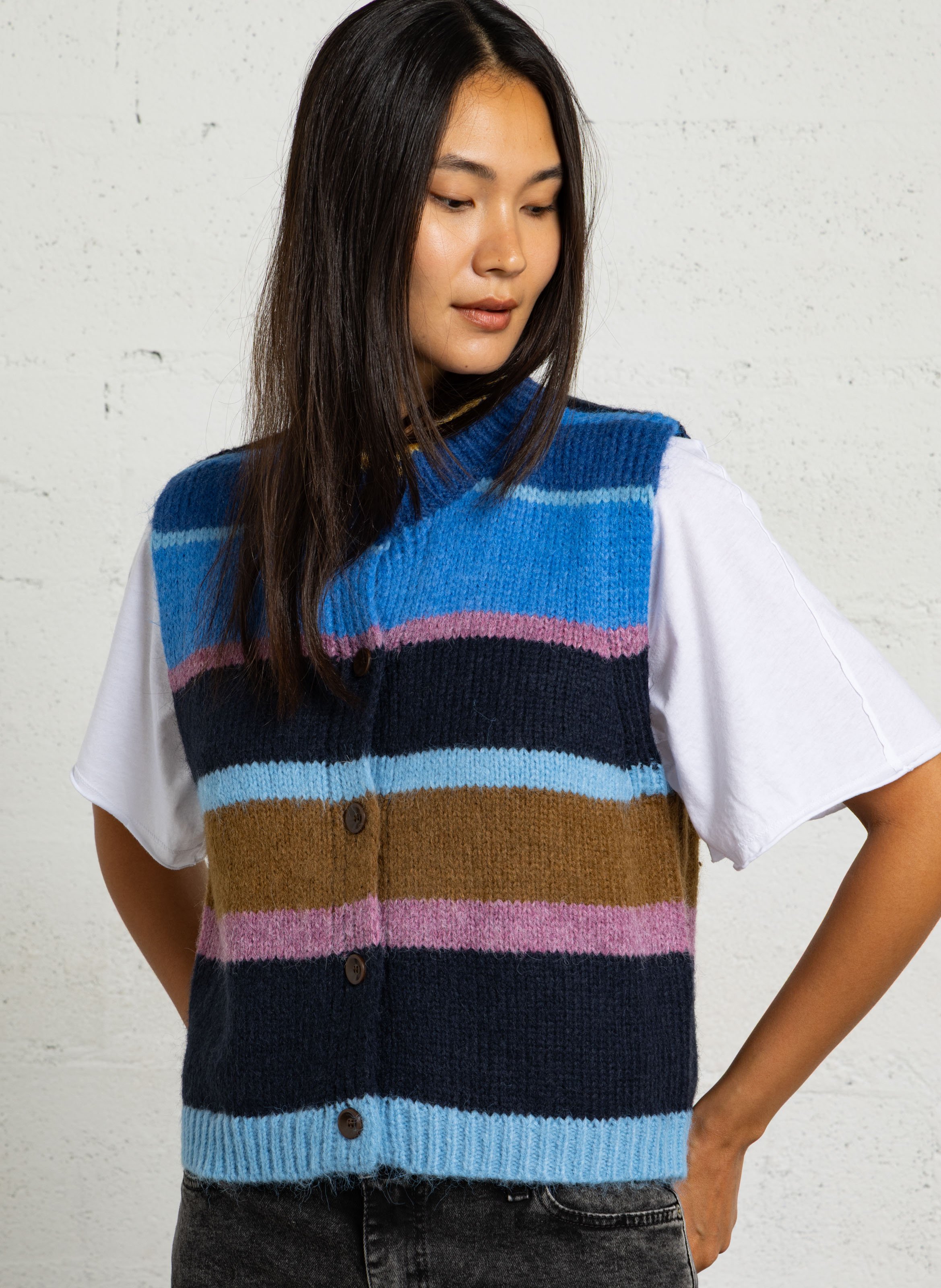 Rundhals gestreiftes Strickweste THE KORNER Blau