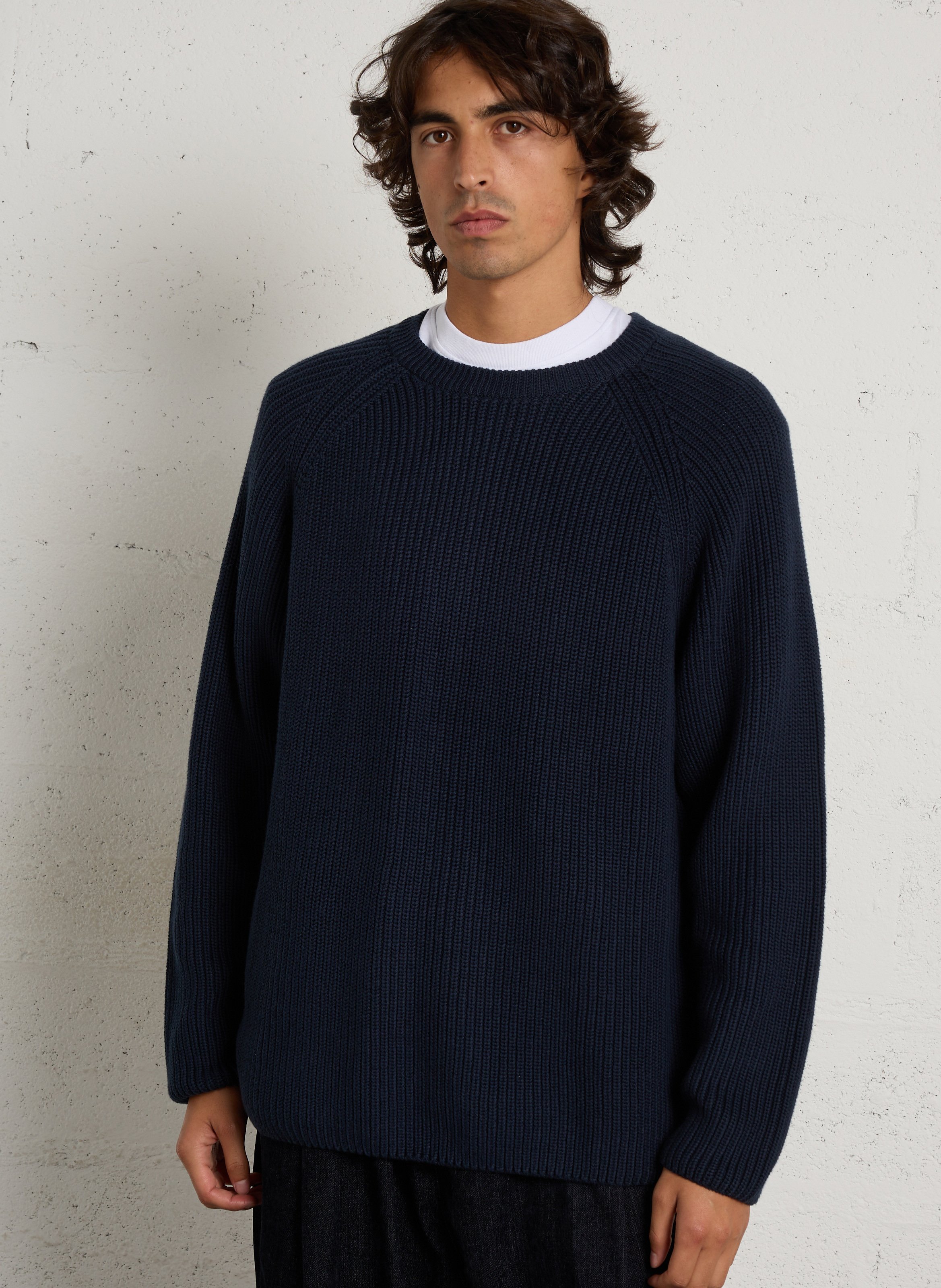Pull droit en maille de coton  SOLID Bleu