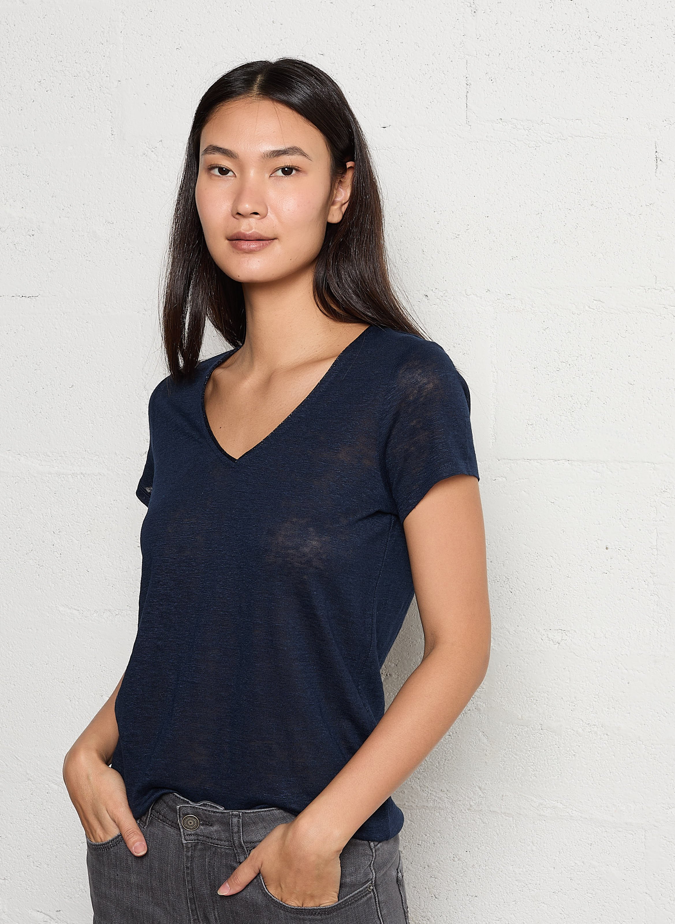 Tee-shirt col V en lin SUD EXPRESS Bleu