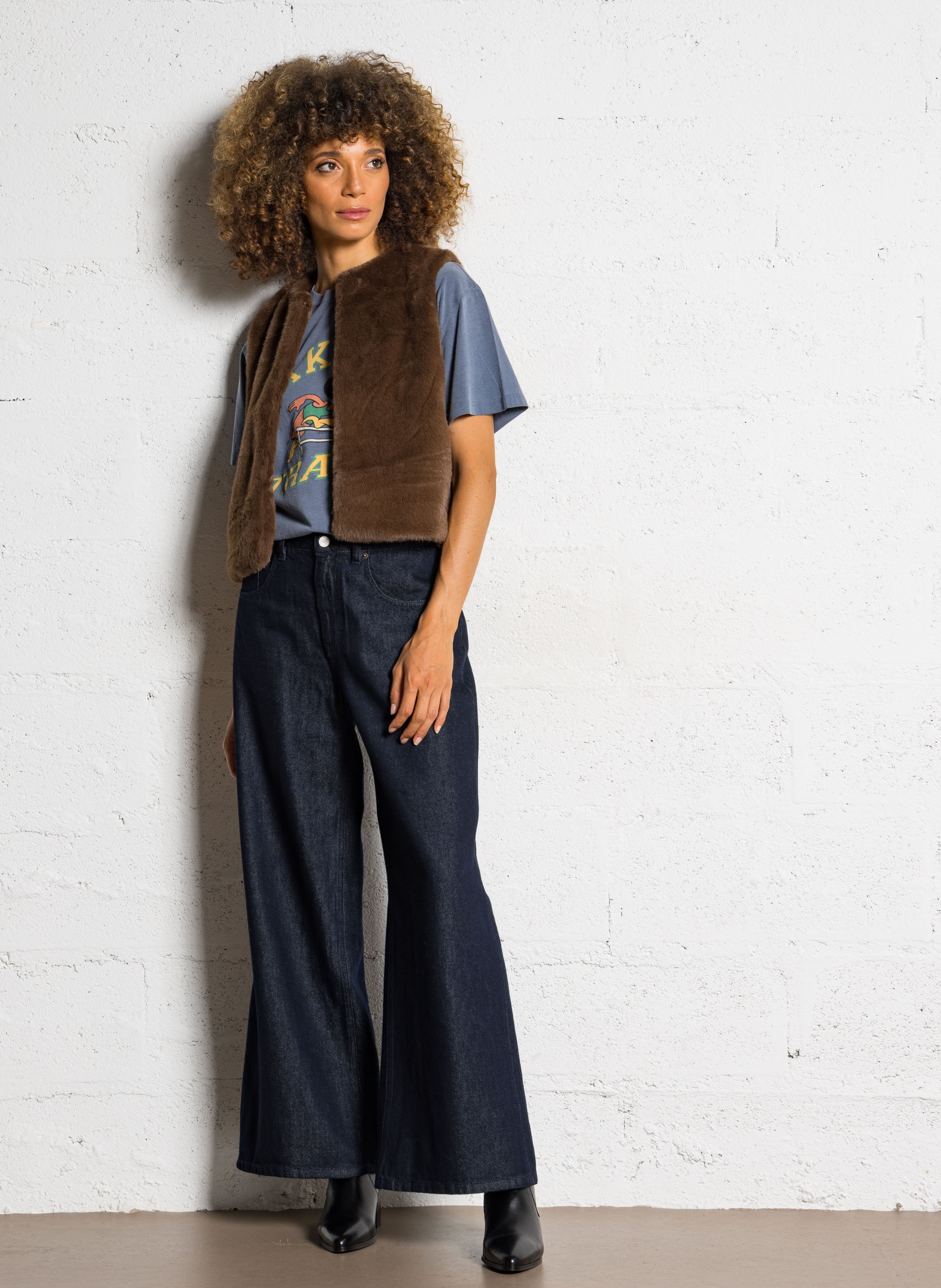 Veste droite col rond en fourrure synthétique LAB DIP Marron