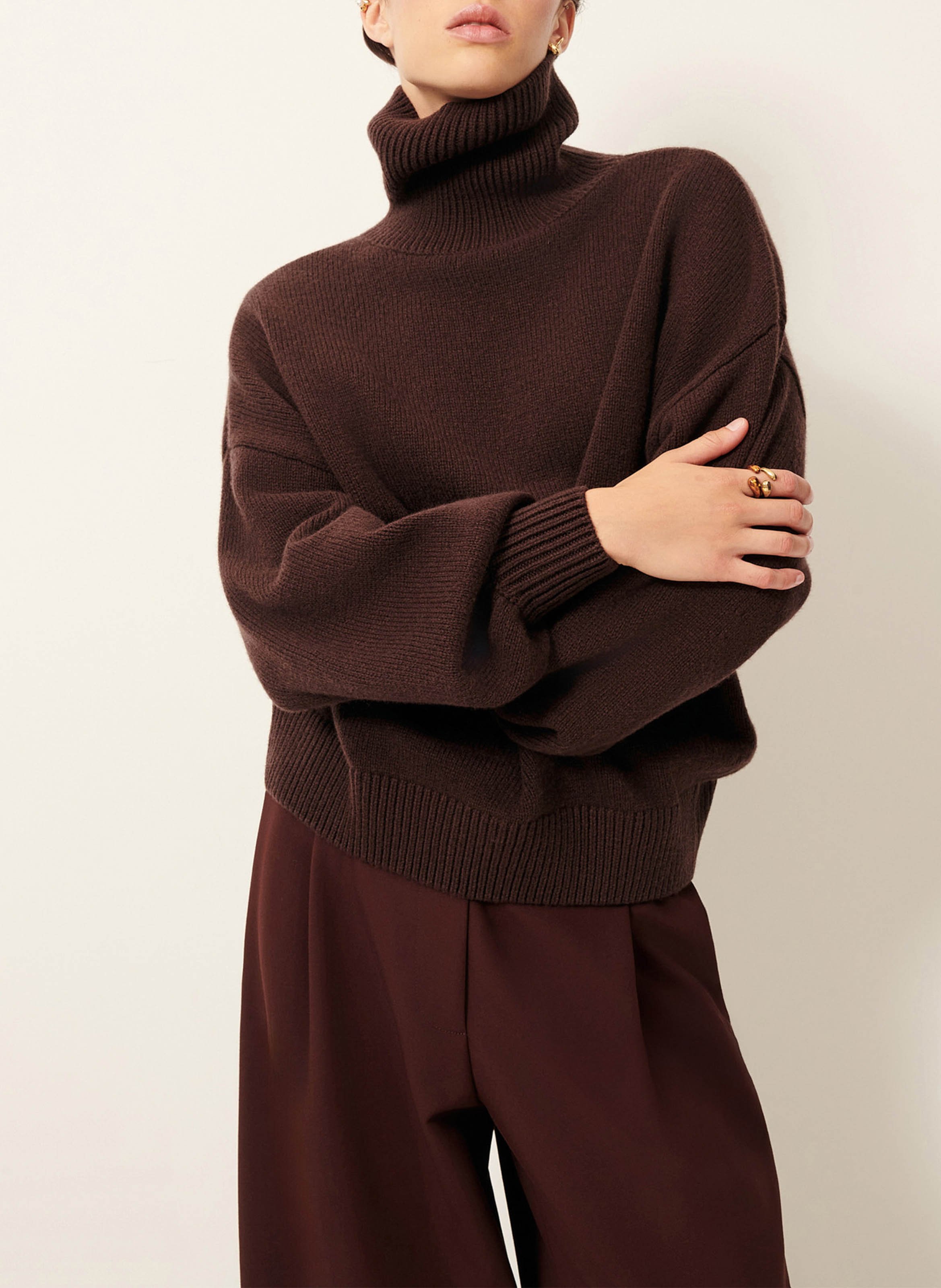 Pull oversize col roulé en laine et cachemire SESSUN Marron