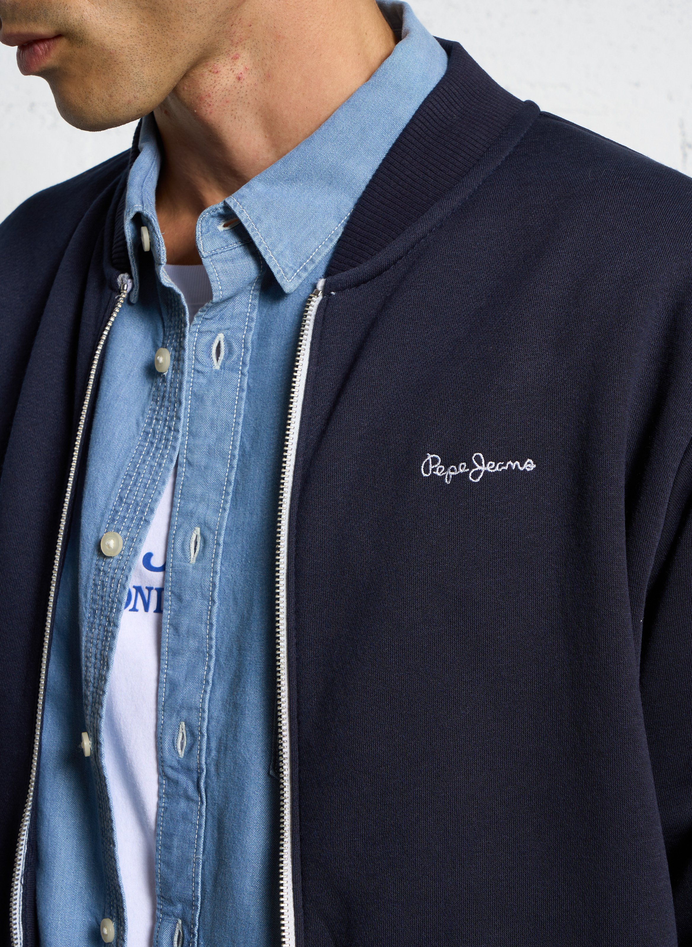 Embroidered straight zip-up sweatshirt in blended cotton. PEPE JEANS Blue