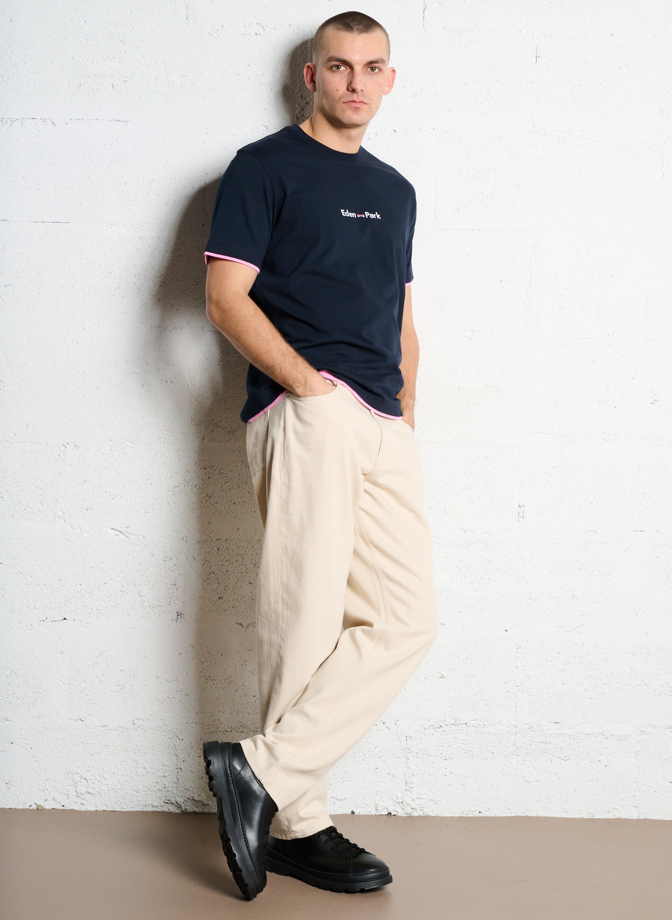 Tee-shirt droit col rond brodé en coton EDEN PARK Bleu