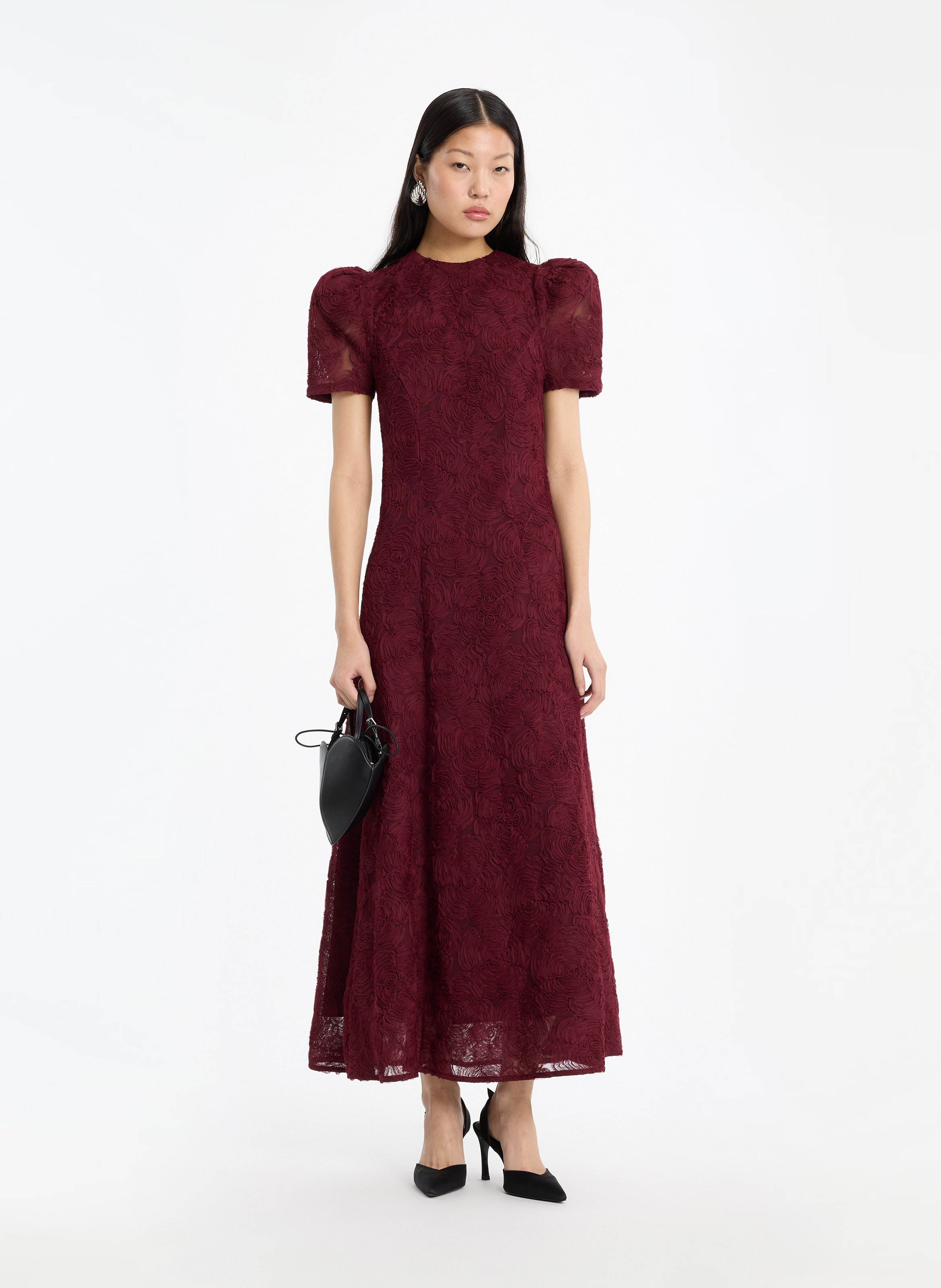 Lange getailleerde jurk met ton-sur-ton bloemen ROTATE Bruin