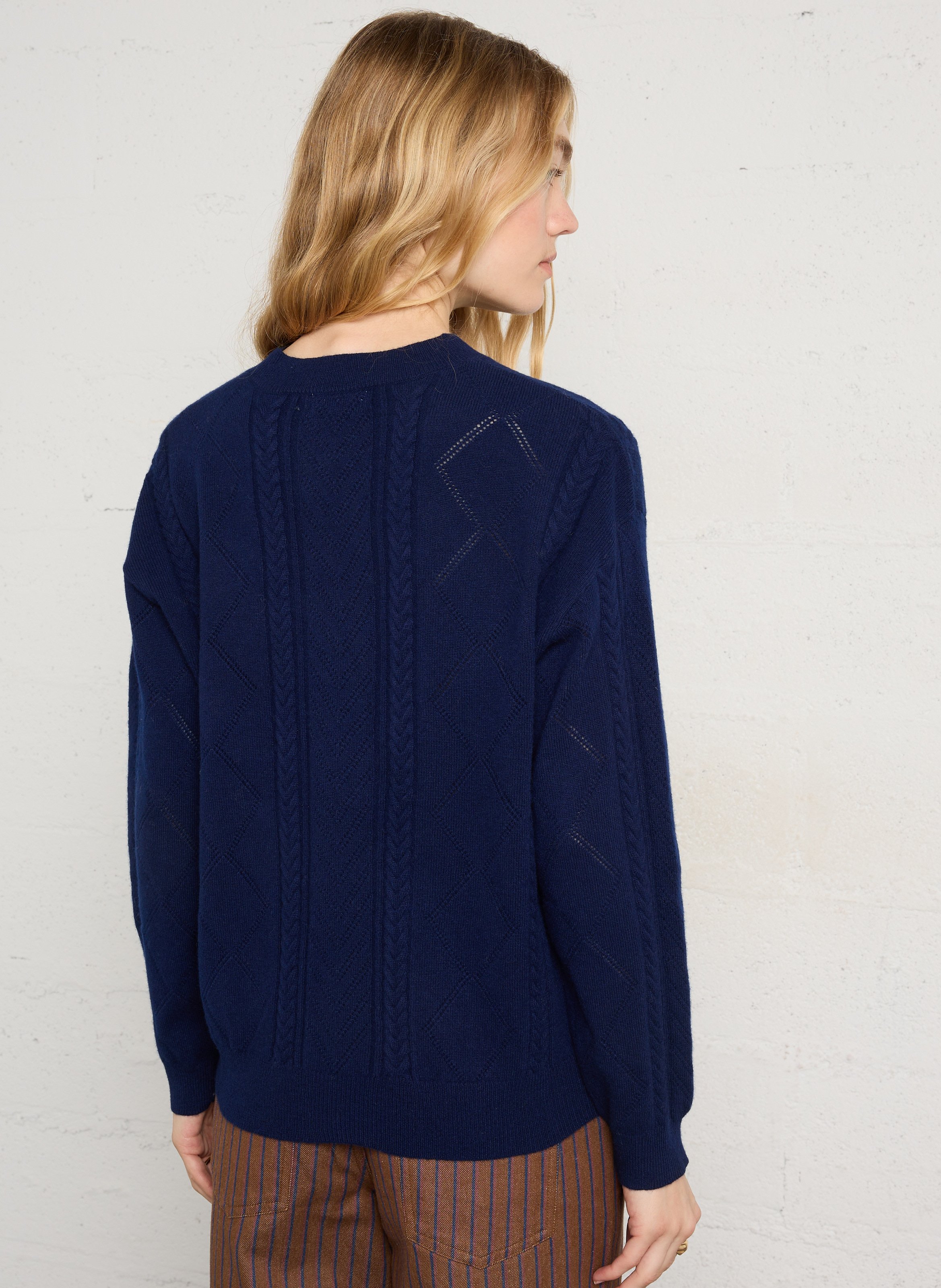 Ruime opengewerkte trui met ronde hals van wol en kasjmier SEE U SOON Blauw