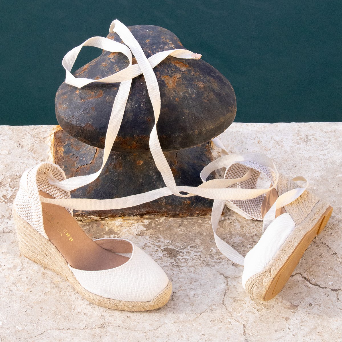 Laced Wedge Espadrilles made from Recycled Canvas JULES & JENN Beige