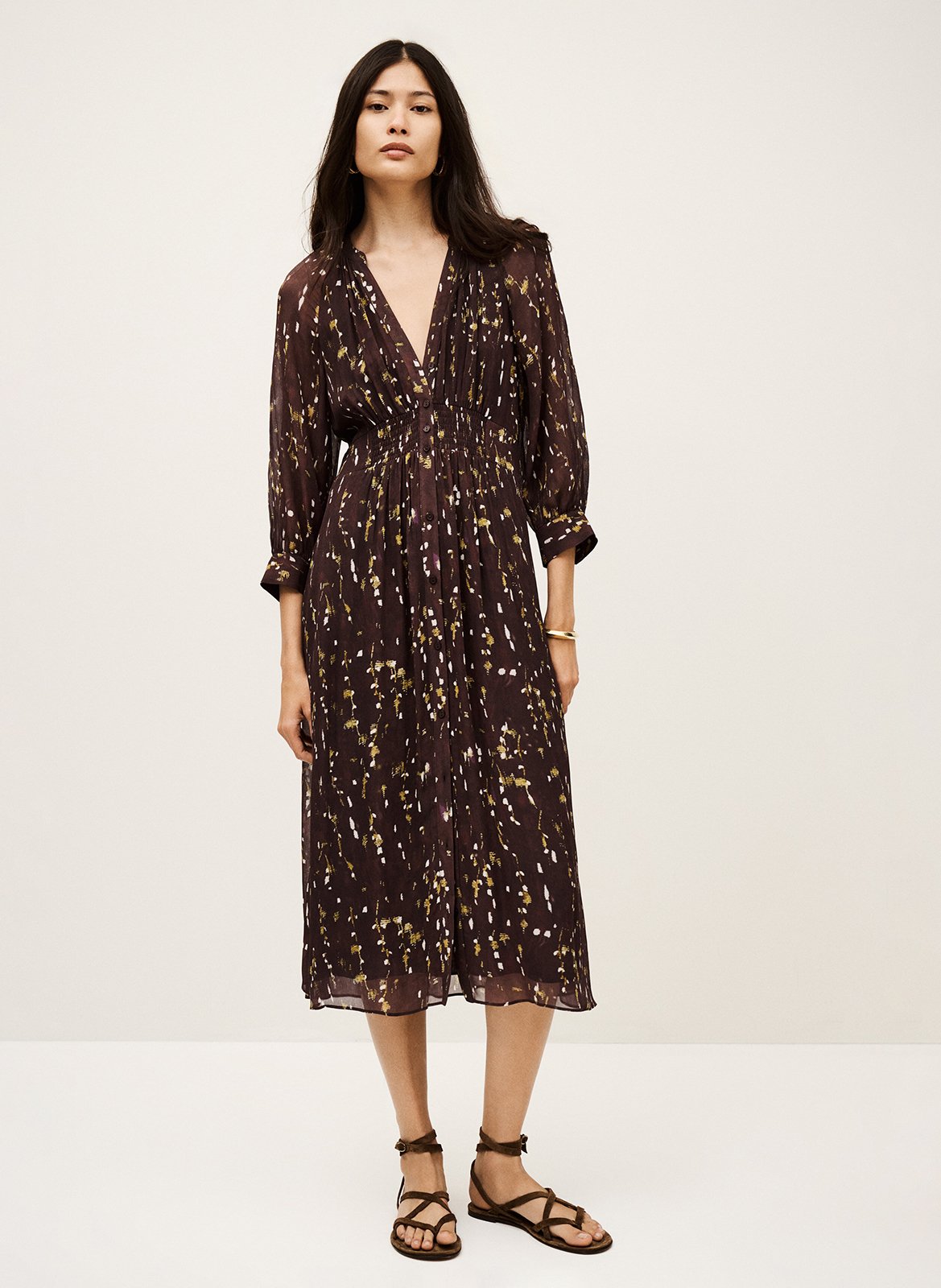 Halflange jurk met print en Tunesische kraag BA&SH Bruin