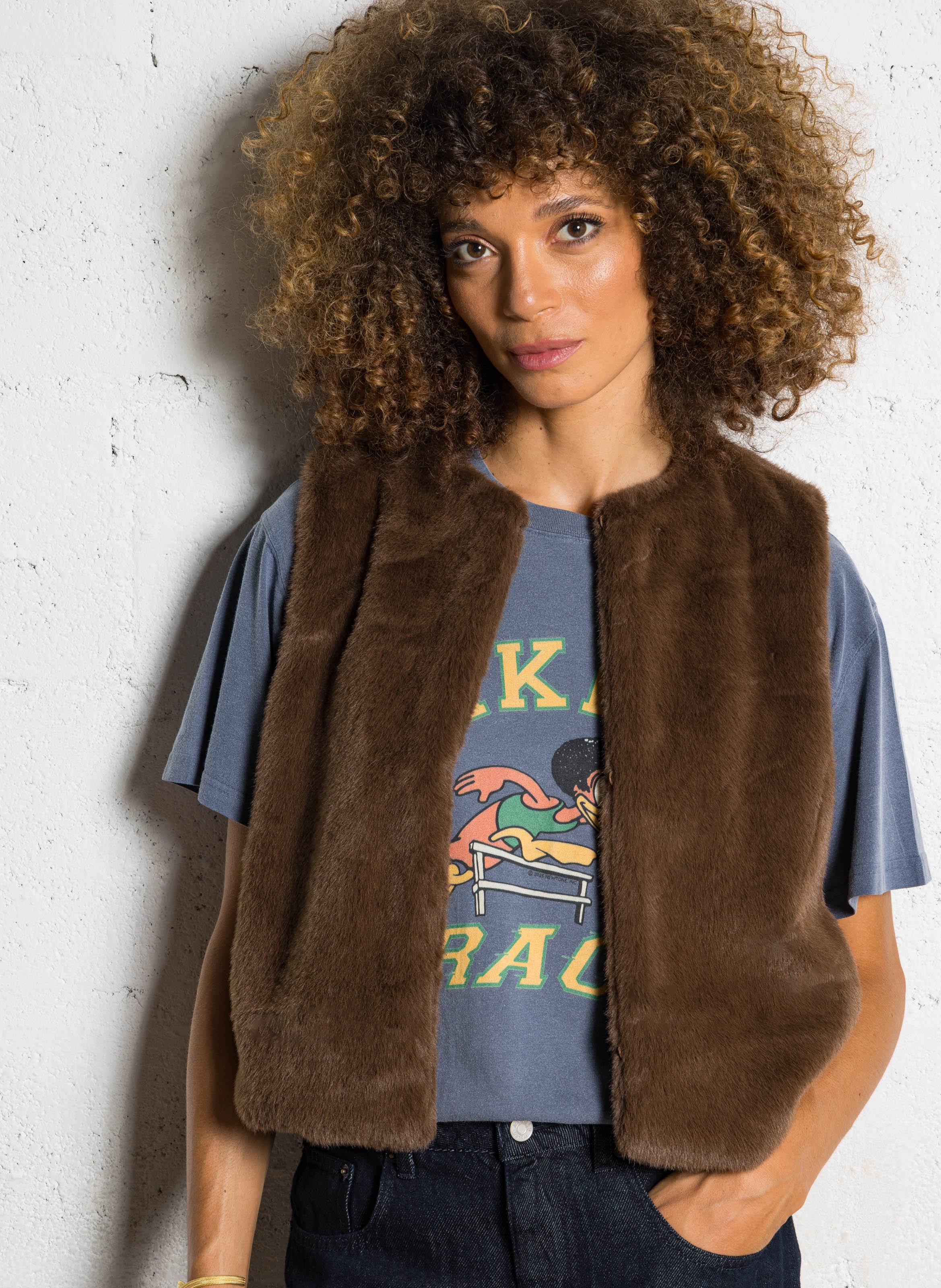 Veste droite col rond en fourrure synthétique LAB DIP Marron