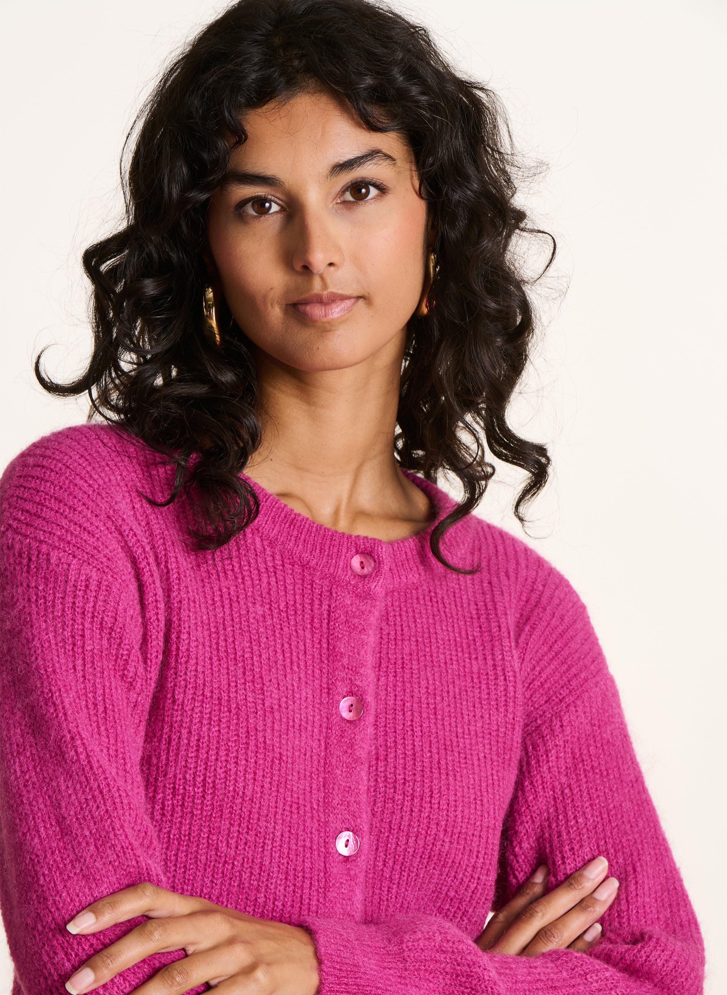 Weite Strick-Mix-Jacke mit Rundhalskragen LA FEE MARABOUTEE Rosa
