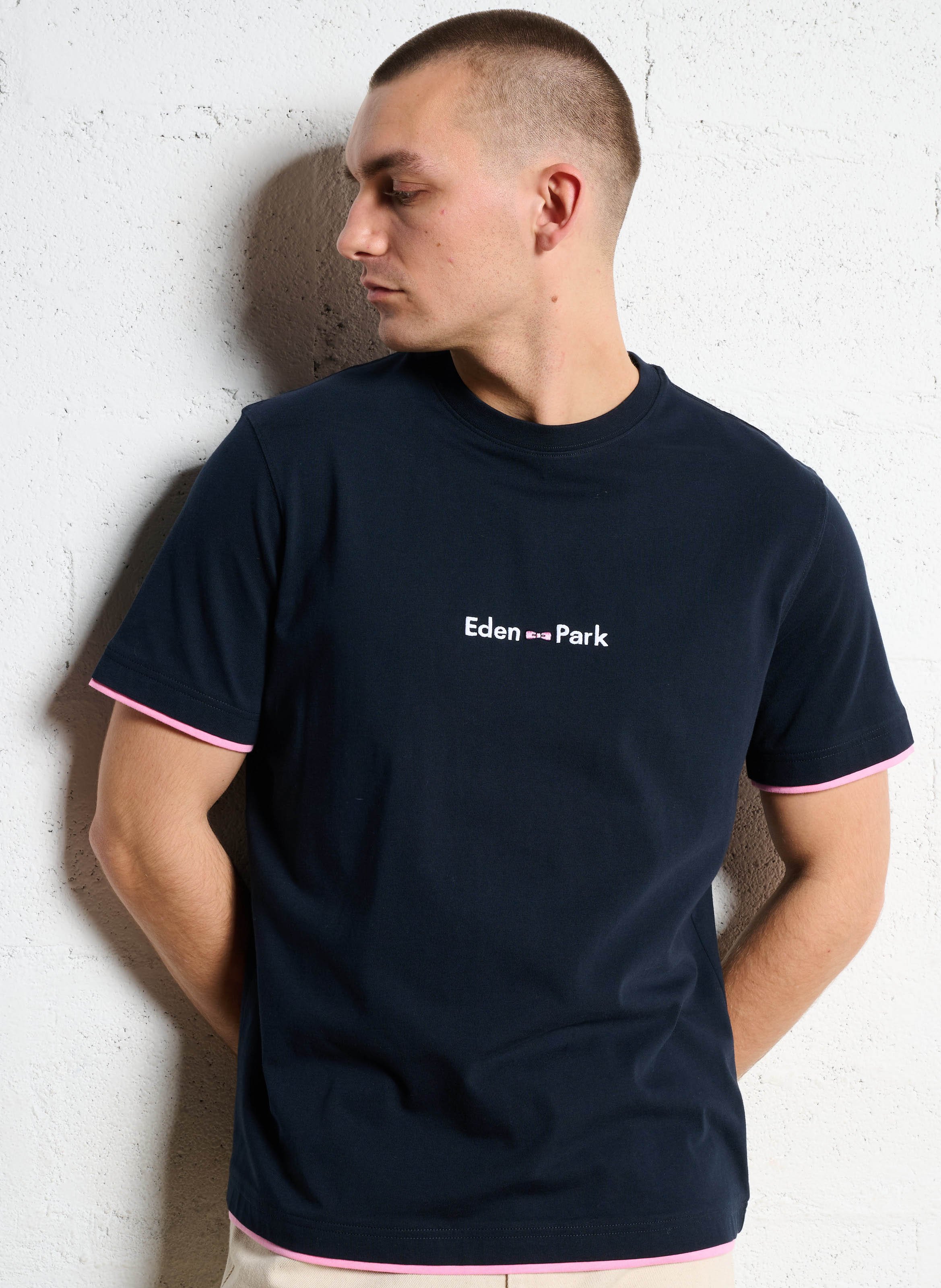 Tee-shirt droit col rond brodé en coton EDEN PARK Bleu