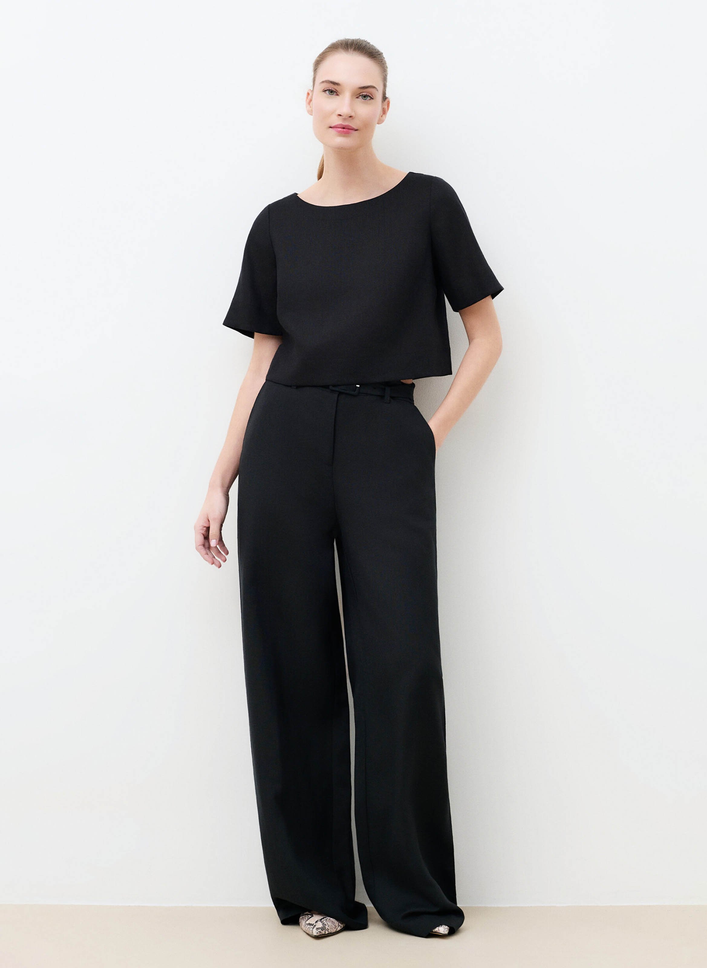 Wide-leg linen-blend pants CAROLL Black