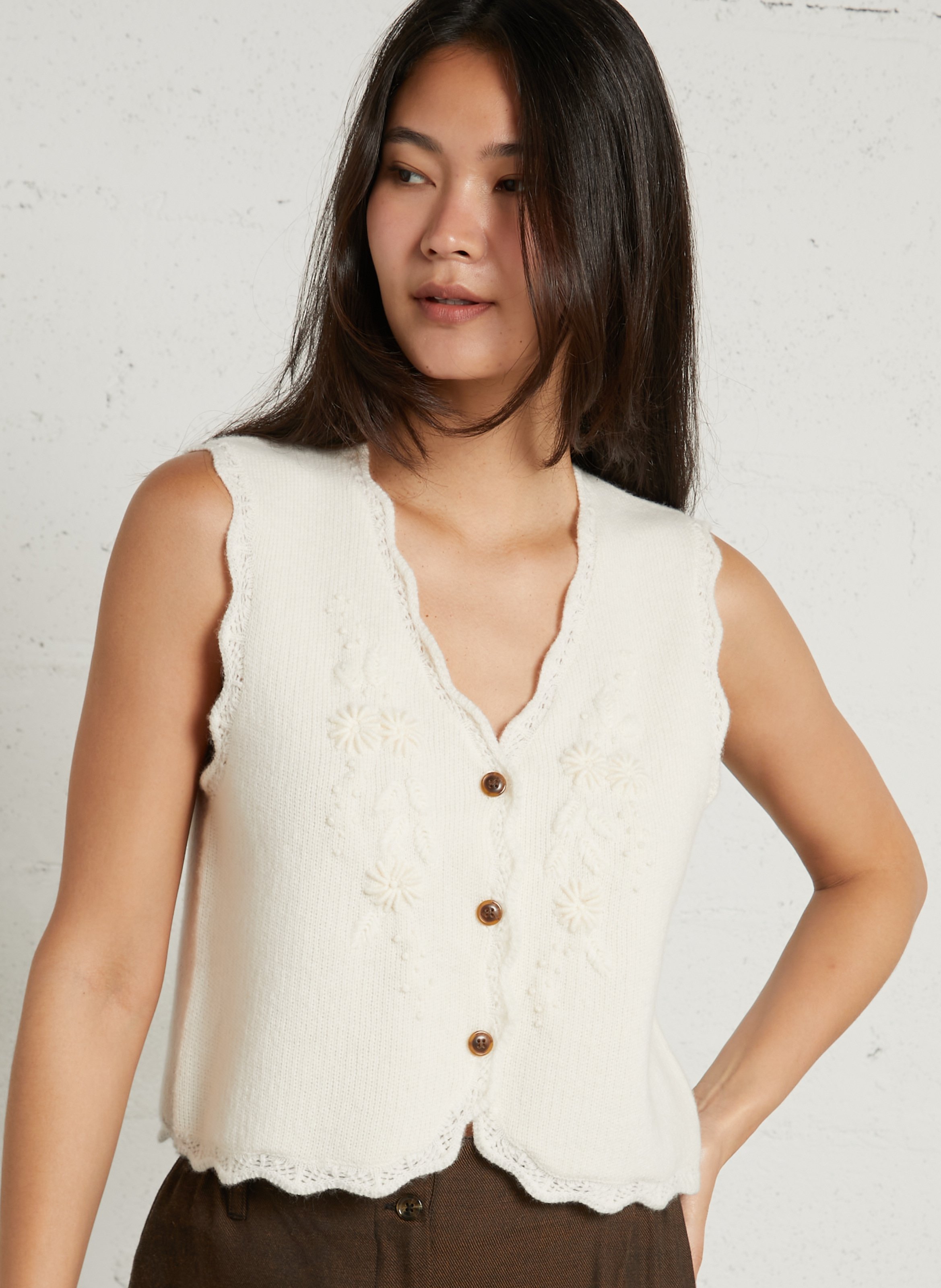 Gilet sans manches brodé en laine LOUISE MISHA Beige