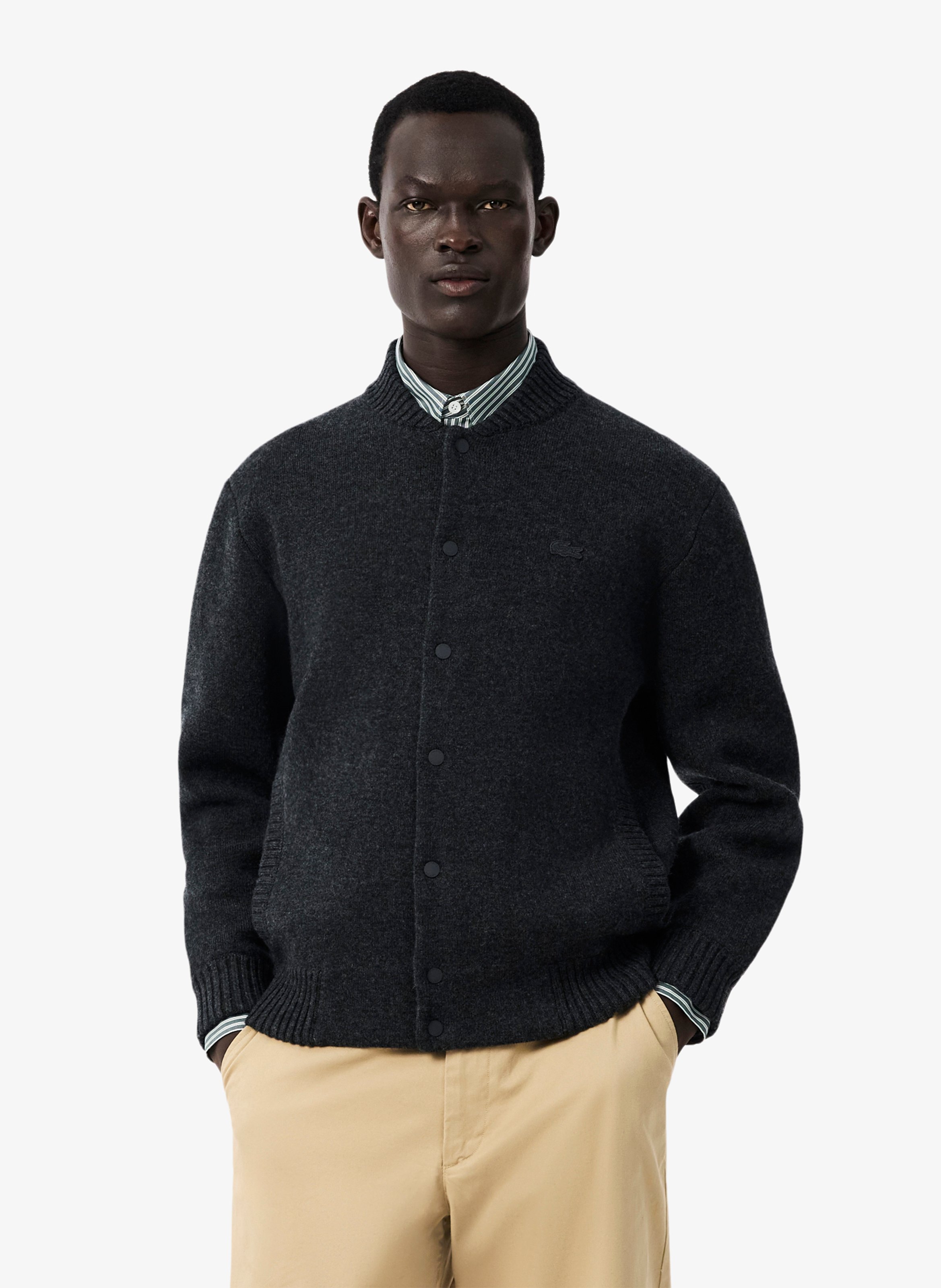 Gerade geschnittene Wollmix-Strickjacke mit Rundhalskragen LACOSTE Braun